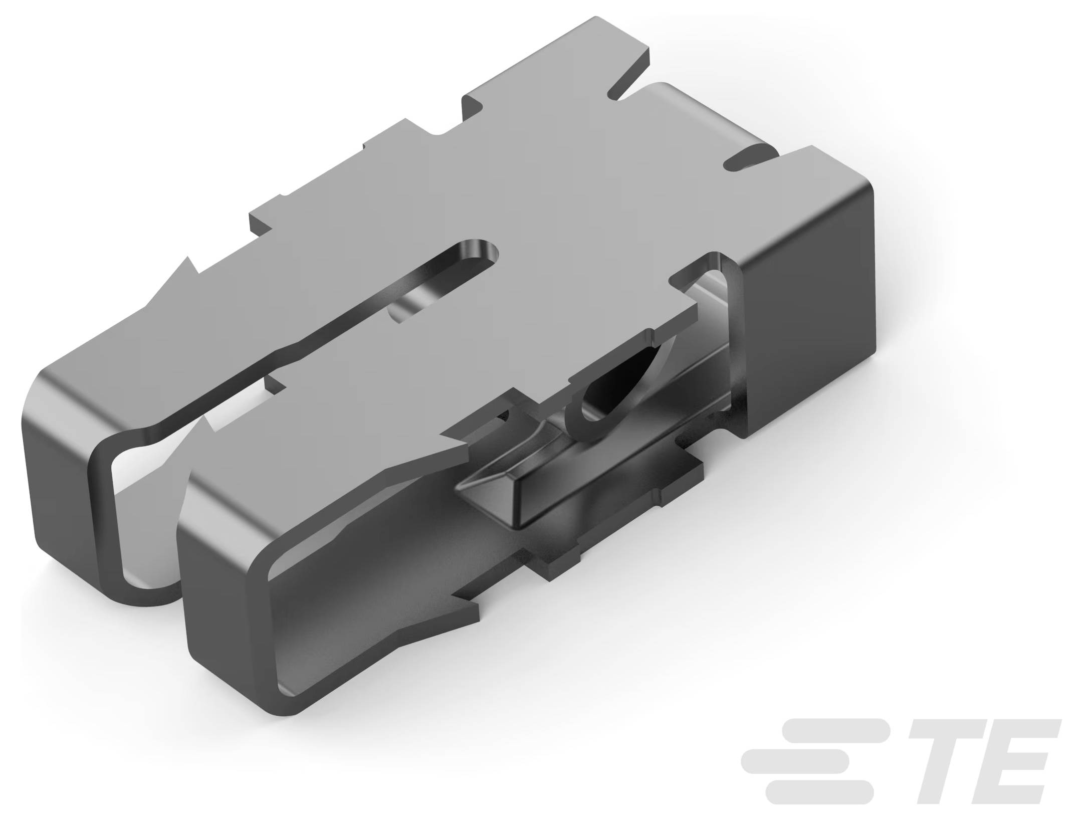 Element kontaktowy TE Connectivity; metalowy komponent ze szczeliną, używany do złączy elektrycznych.