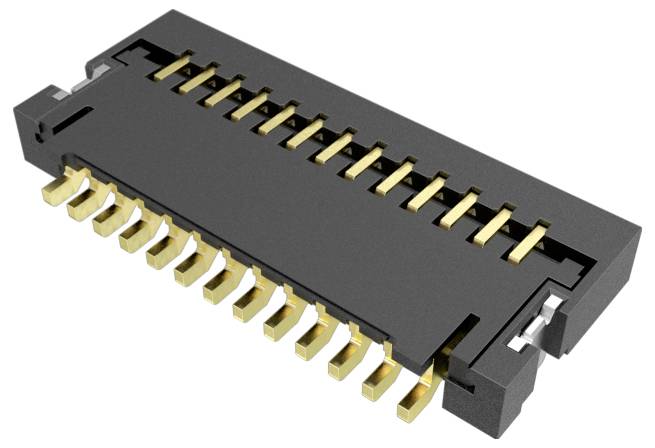 Czarny prostokątny konektor elektroniczny z wieloma złotymi kontaktami ułożonymi w dwóch rzędach.