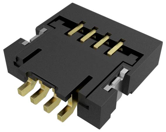 Czarny i złoty złącze elektryczne z wieloma stykami, zaprojektowane do elektronicznych płytek drukowanych, pokazane z kąta górno-przedniego.
