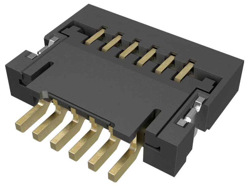 Czarny elektroniczny konektor z sześcioma widocznymi złotymi pinami na dole, zwykle używany do połączeń płytek drukowanych w urządzeniach elektronicznych.