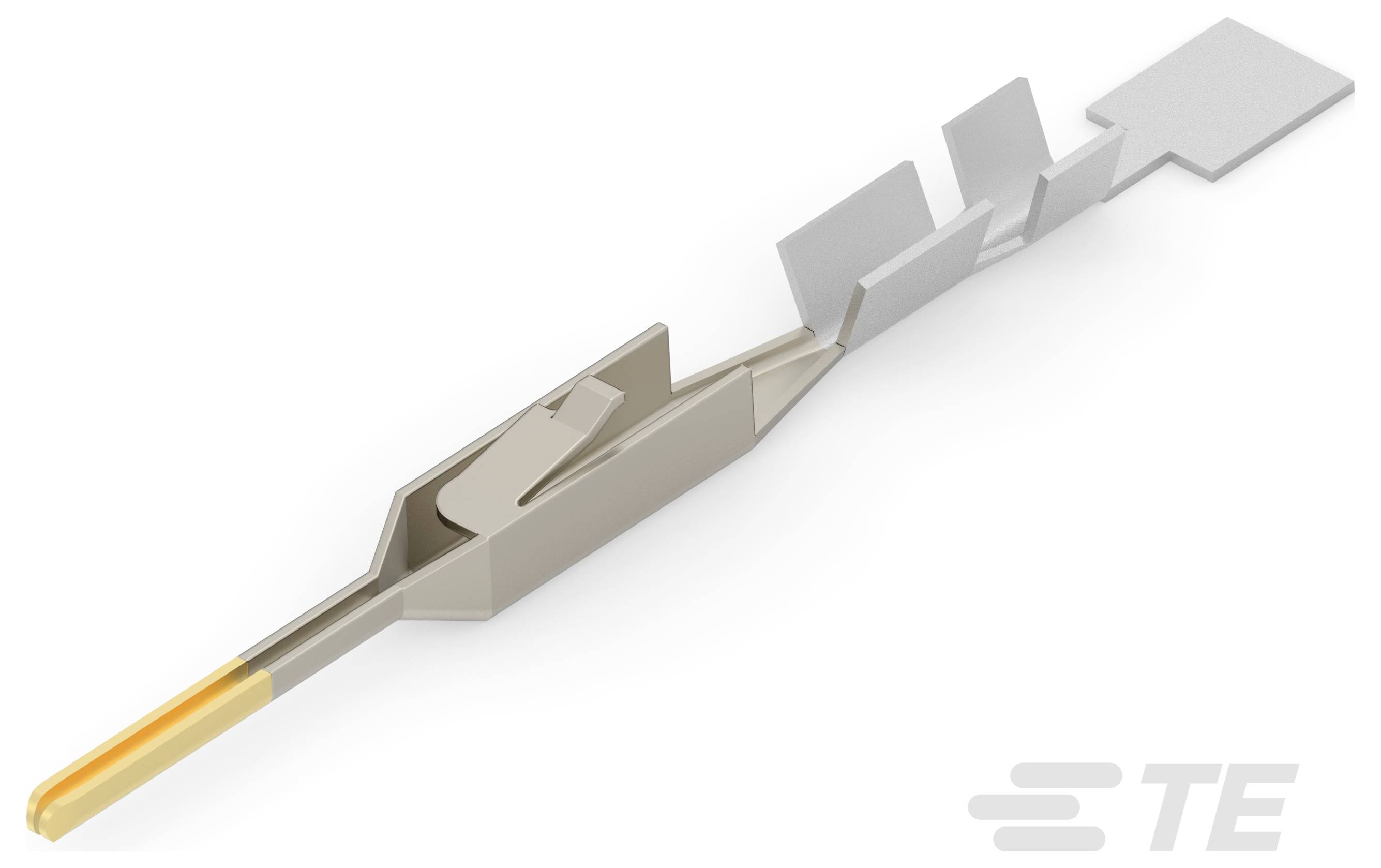 Metalowy łącznik zaciskowy z żółtym przewodem, widok pod kątem. Logo 'TE' widoczne w prawym dolnym rogu.