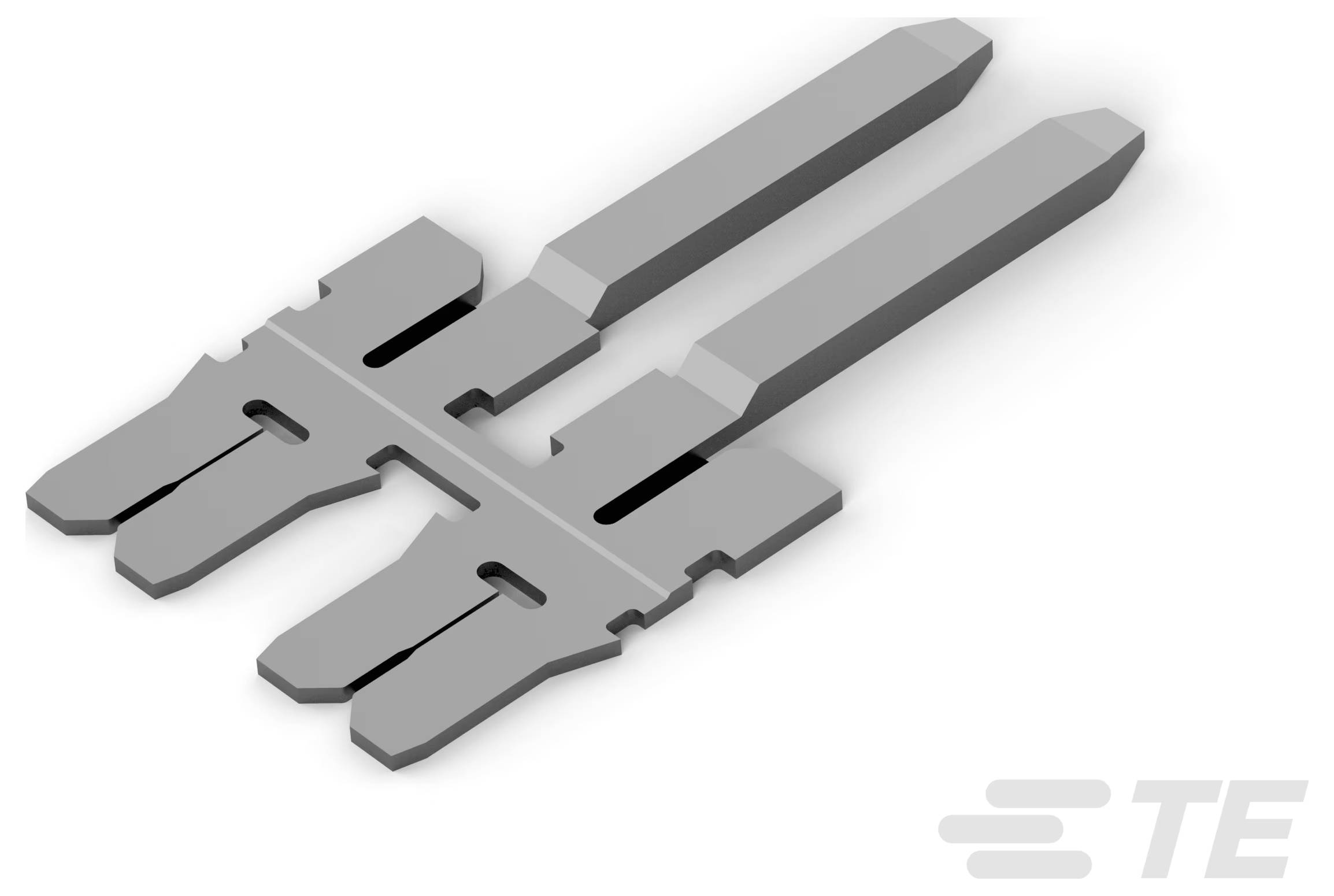Ilustracja metalowego zespołu złącza PIN składającego się z dwóch złącz zaciśkowych połączonych u podstawy, przeznaczonego do zastosowań elektrycznych.