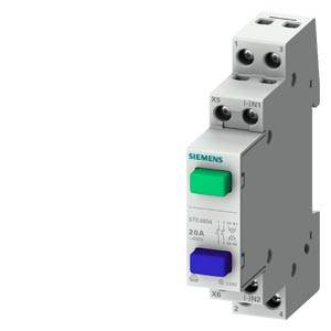 Kompaktowy wyłącznik samoczynny Siemens z niebieskim i zielonym przyciskiem, umieszczony na białym tle. Przeznaczony do ochrony obwodów elektrycznych.