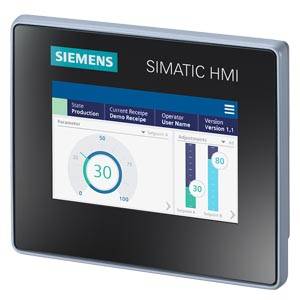 Urządzenie HMI Simatic firmy Siemens z ekranem dotykowym. Wyświetlacz pokazujący status produkcji, nazwę użytkownika oraz graficzną reprezentację parametrów.
