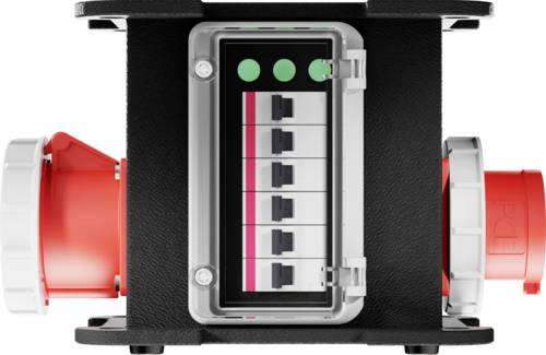 Czarna obudowa elektryczna z pięcioma przełącznikami kołyśkowymi i trzema zielonymi światłami na górze, po bokach której znajdują się czerwone gniazda przyłączeniowe.