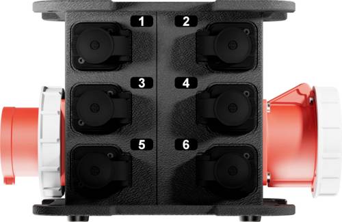 Sześciogniazdowa listwa zasilająca z dwoma złączami bocznymi, numerowana od 1 do 6. Po prawej stronie widoczne jest duże czerwono-białe złącze.