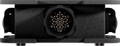 Czarne, kwadratowe urządzenie z wieloma punktami przyłączeniowymi i centralnym, okrągłym interfejsem przewodowym.