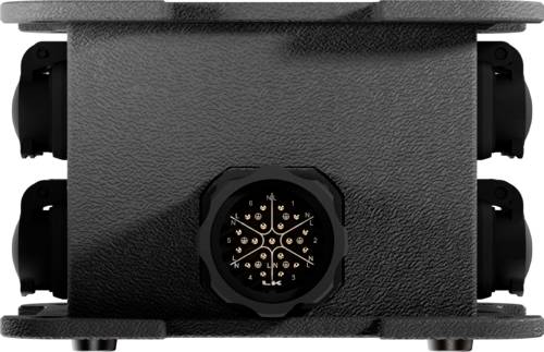 Kompaktowa czarna skrzynka z centralnym, okrągłym złączem z przodu, wyposażona w kilka małych, rozmieszczonych w kształcie koła złączy wtykowych.