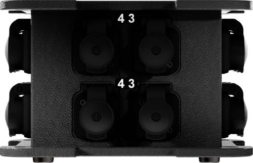 Czarna obudowa z dwoma pionowymi rzędami gniazd elektrycznych, każde zabezpieczone osłoną. Na górze widoczna jest liczba '43'.