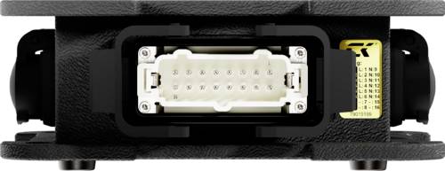 Widok wytrzymałego złącza elektrycznego z wieloma stykami w czarnej obudowie.