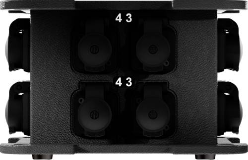 Czarne urządzenie z czterema okrągłymi gniazdami ułożonymi w dwóch rzędach. Cyfry '43' są widoczne powyżej i między gniazdami.