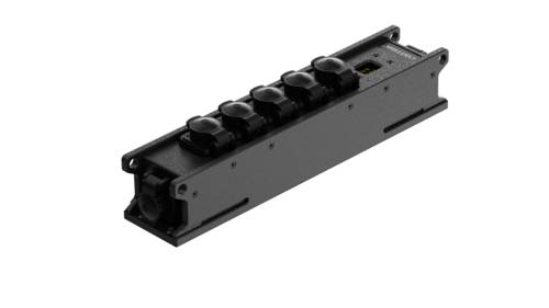 Czarny elektroniczny sprzęt o prostokątnej obudowie z pięcioma widocznymi okrągłymi przyciskami na wierzchniej części.