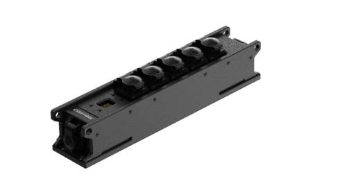 Czarna elektryczna listwa zasilająca z wieloma gniazdami i przełącznikiem, przeznaczona do użytku w środowiskach technicznych lub przemysłowych.