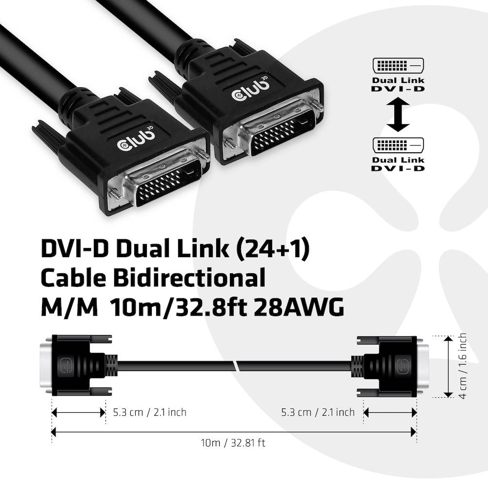 Kabel DVI-D Dual Link, 24+1 pinów, dwukierunkowy, M/M, długość 10m, 28AWG, przedstawiający kabel z wymiarami i specyfikacjami.
