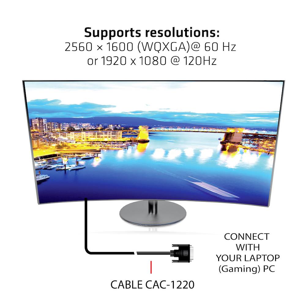 Zakrzywiony monitor na tle nocnego krajobrazu portu. Tekst: 'Obsługiwane rozdzielczości: 2560 x 1600 (WQXGA) @ 60 Hz lub 1920 x 1080 @ 120 Hz'.