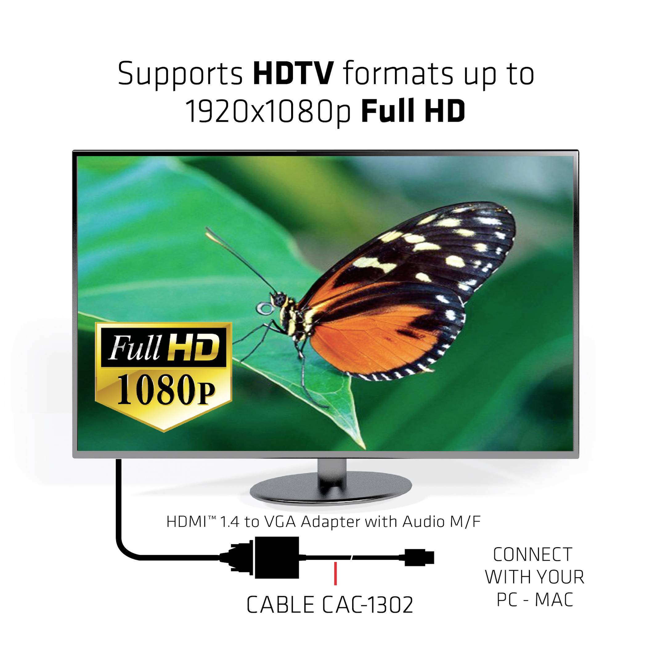 'Monitor wyświetla motyla z tekstem: Obsługuje formaty HDTV do 1920x1080p Full HD. Przedstawiono adapter HDMI do VGA.'