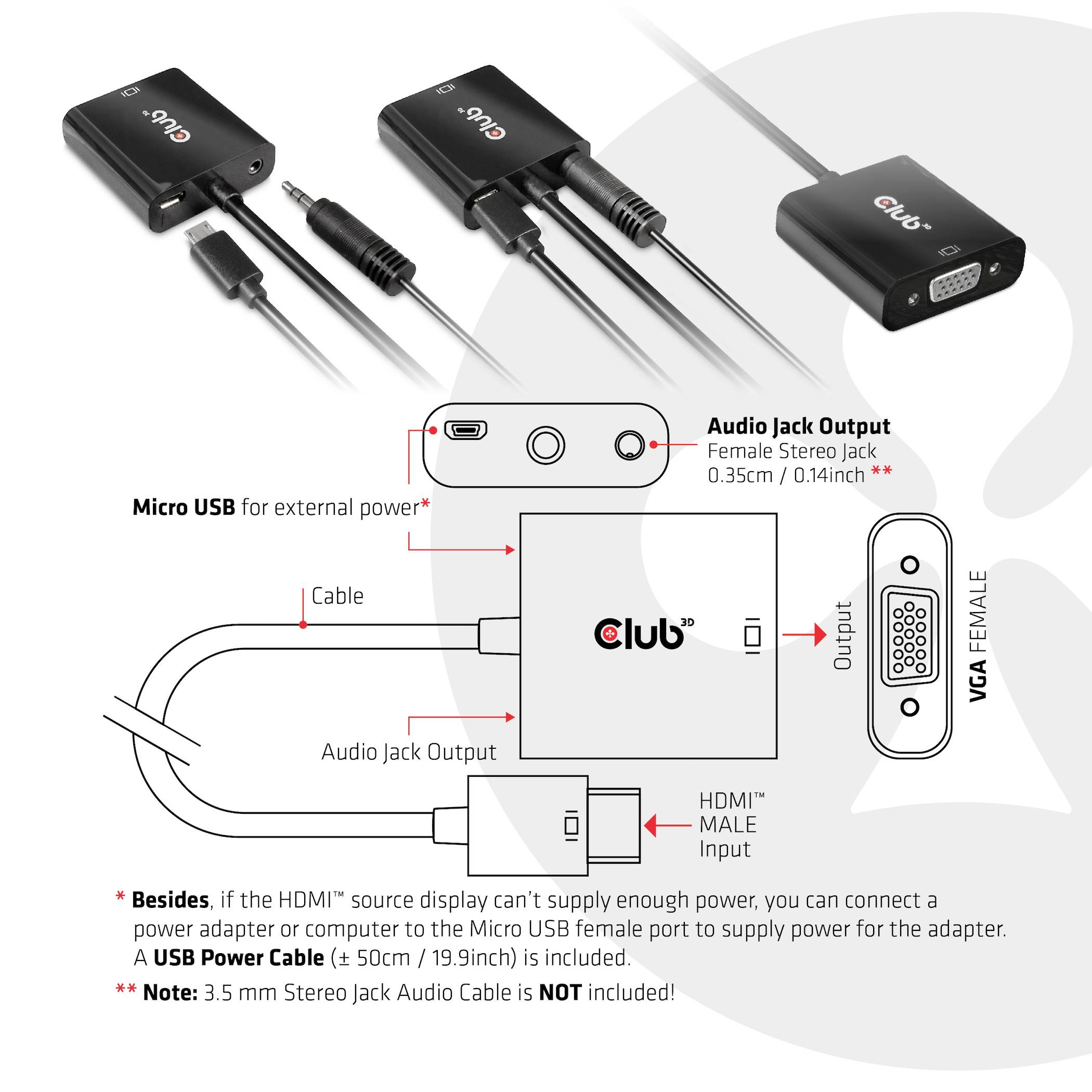 'Diagram adaptera USB. Przedstawia złącza: Micro USB do zasilania, gniazdo audio, wejście HDMI MALE, wyjście VGA FEMALE. Wyjaśnione połączenia kablowe i opcje.'