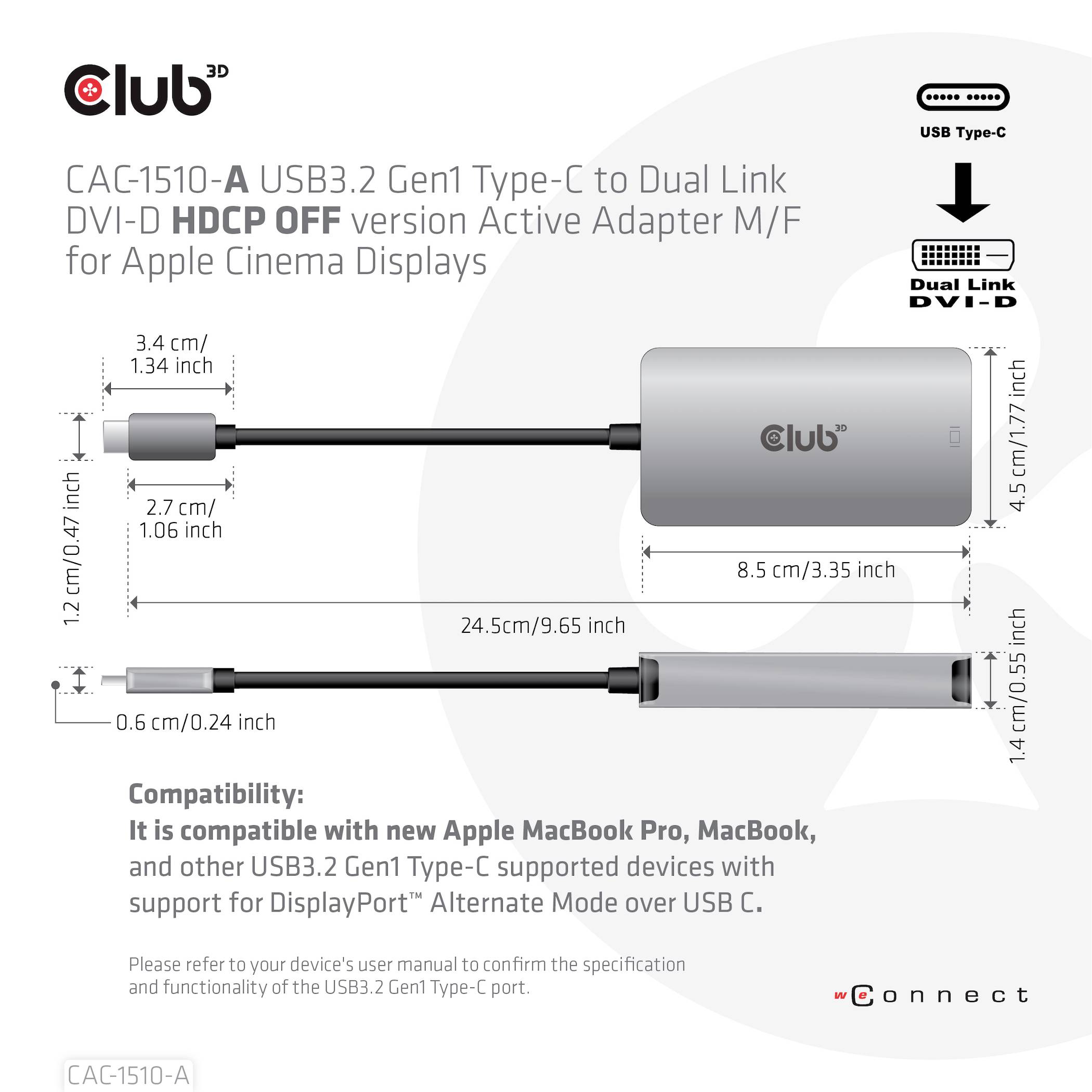 Adapter Club 3D CAC-1510-A: USB-C do Dual Link DVI-D do wyświetlaczy Apple. Długość: 24,5 cm. Kompatybilny z MacBook Pro, MacBook.