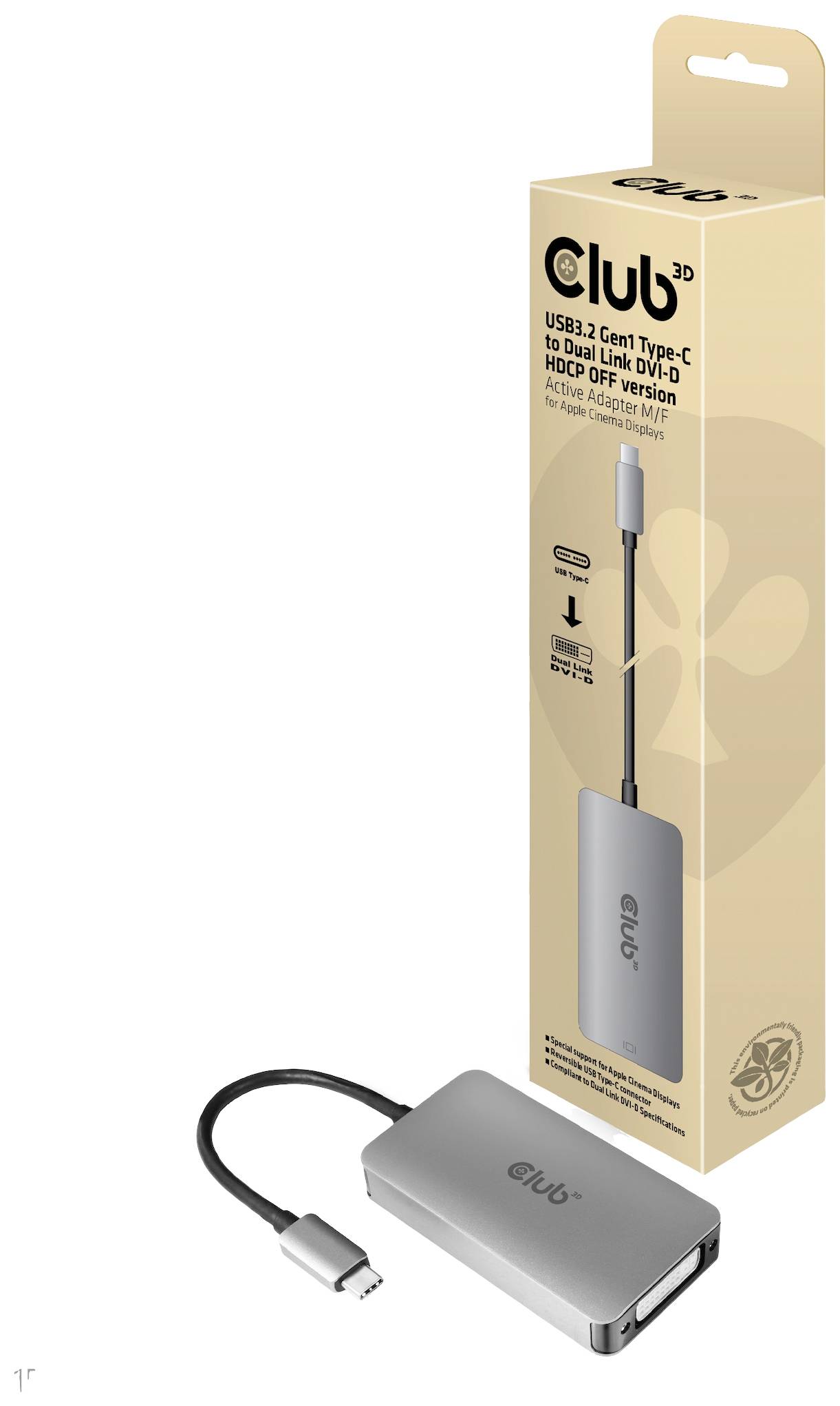 Rysunek przedstawia adapter USB Type-C do Dual Link DVI-D firmy Club3D wraz z opakowaniem. Adapter jest szary i służy do podłączania urządzeń.