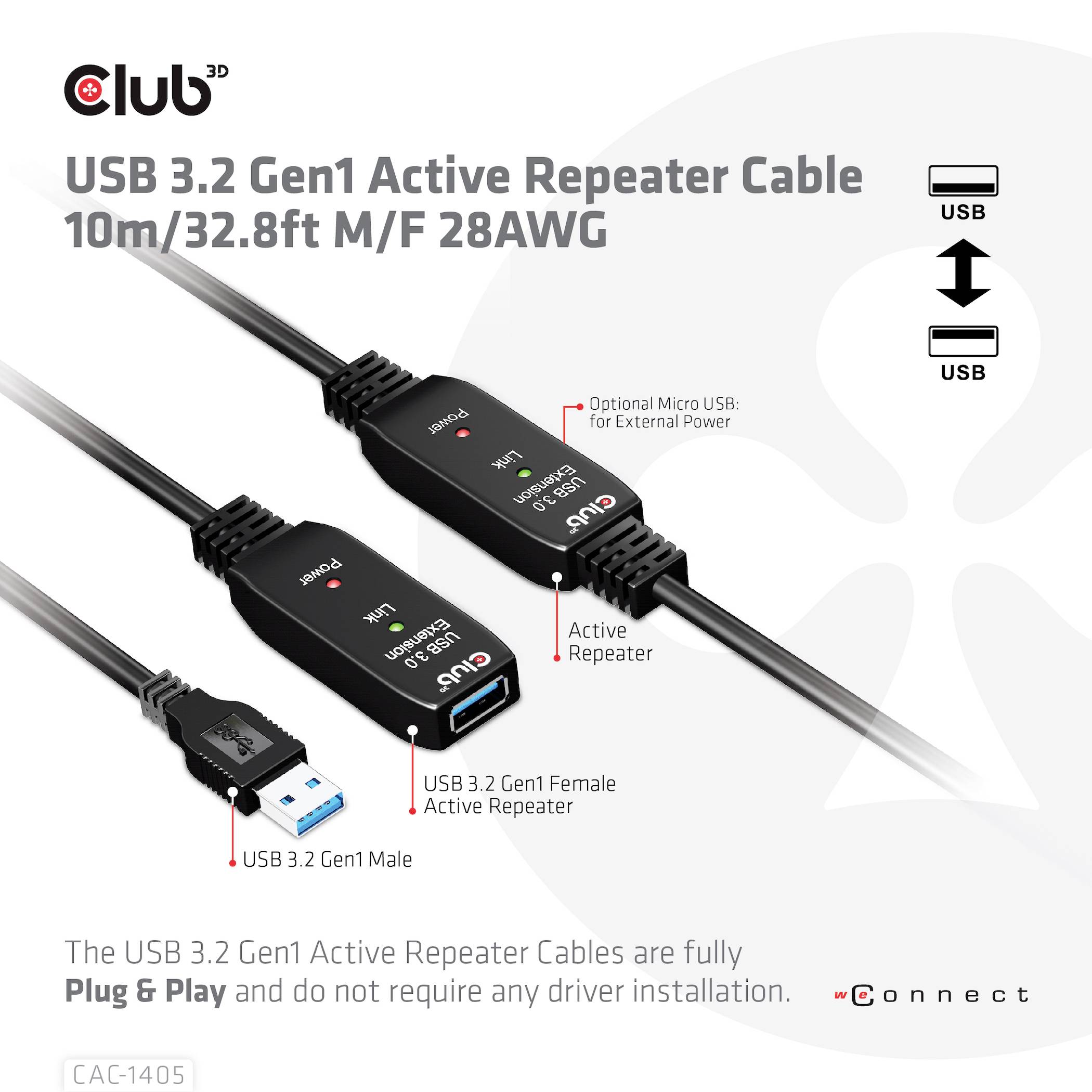 Przewód Club 3D USB 3.2 Gen1 z aktywnym wzmacniaczem, 10m/32,8 stóp, wersja M/F, 28AWG, umożliwia transmisję sygnału na dłuższych dystansach dzięki aktywnemu wzmacniaczowi i opcjonalnemu zasilaniu.