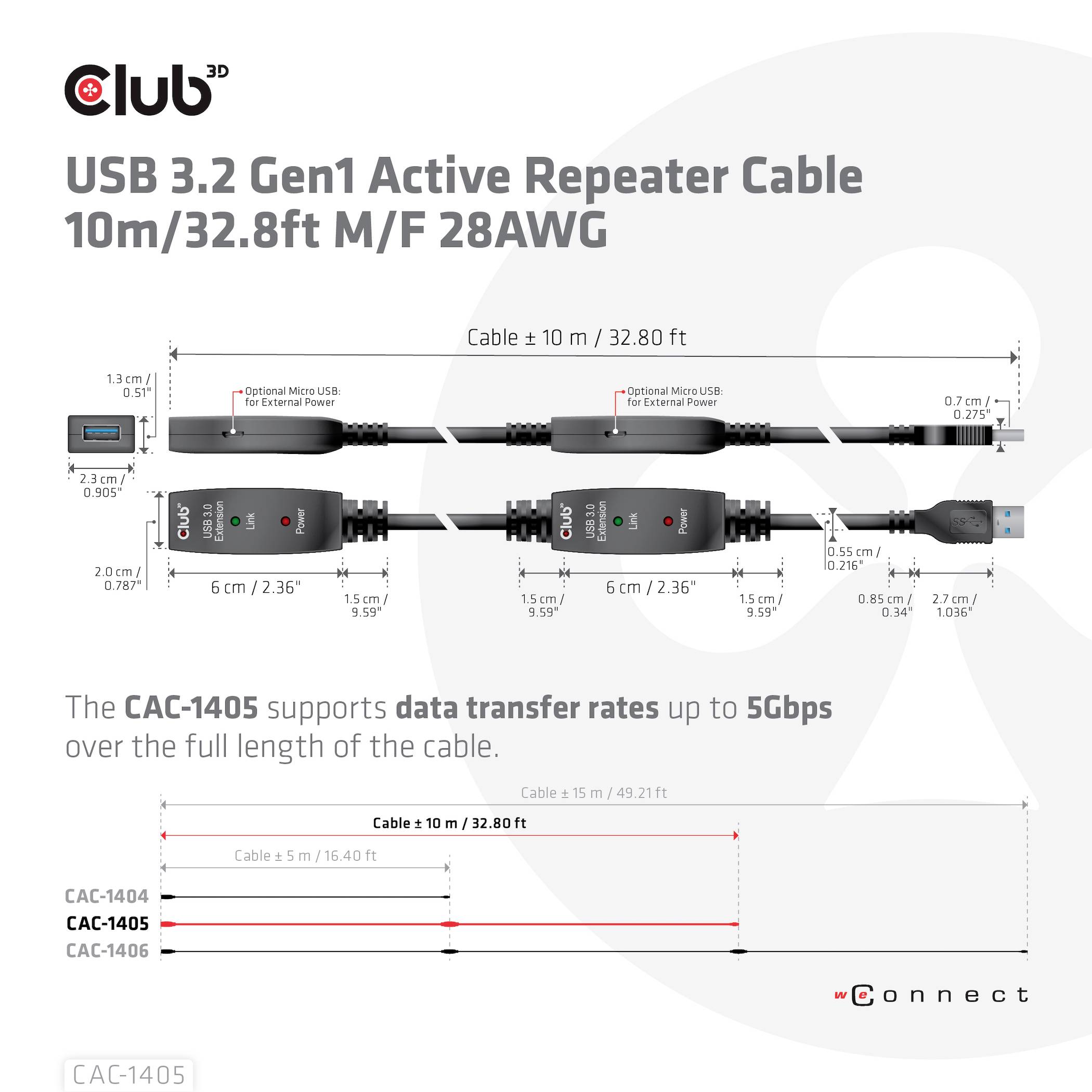 'Aktywny kabel repeatera USB 3.2 Gen1, 10m/32,8 ft M/F, 28AWG. Obsługuje prędkości transmisji danych do 5 Gb/s na całej długości.'