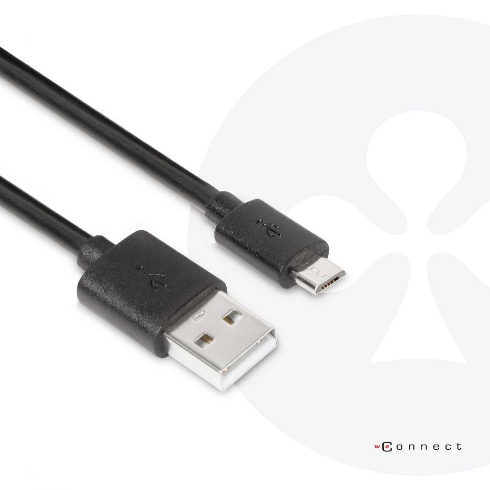 Czarny kabel USB z standardowym złączem USB oraz złączem micro-USB jest pokazany na białym tle.