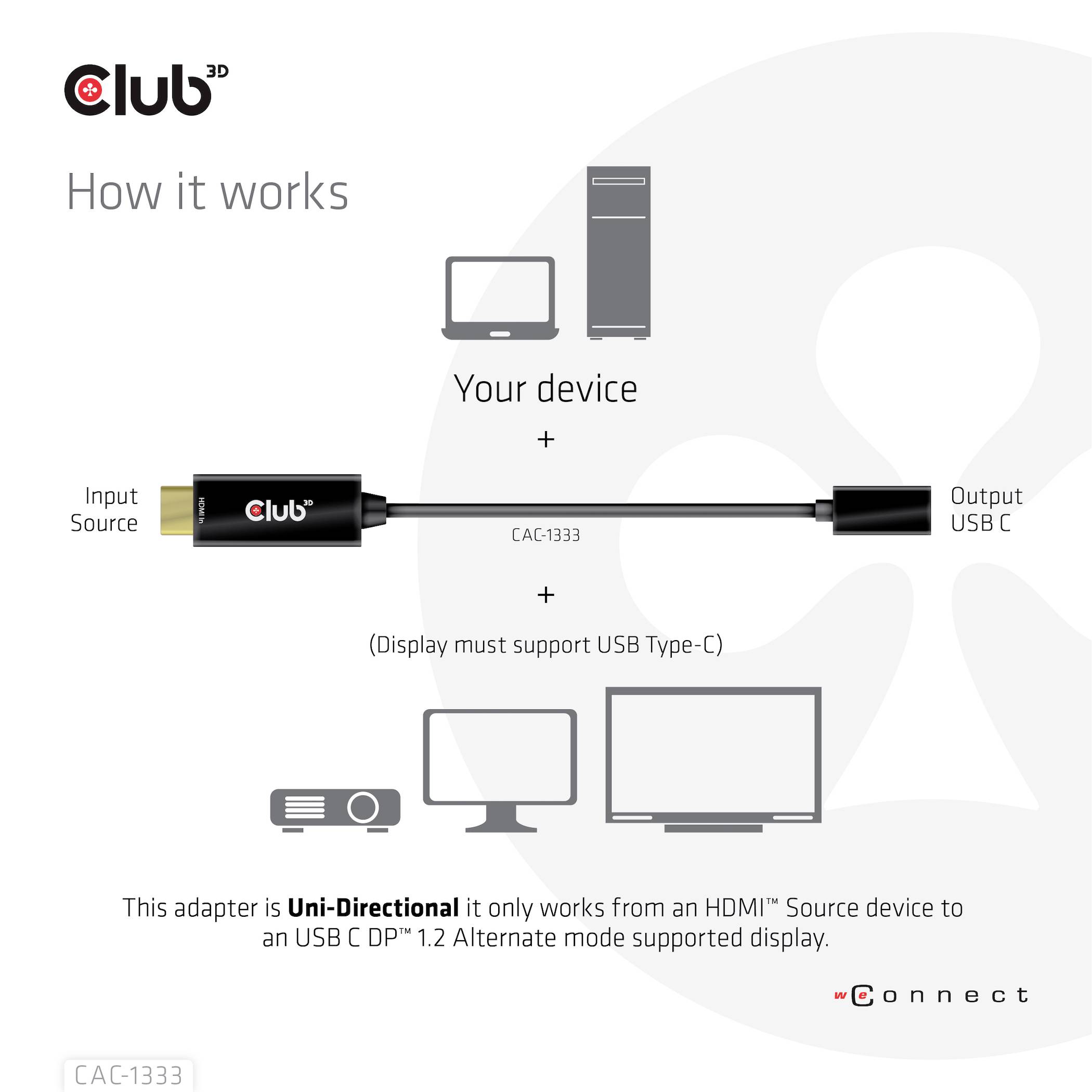 Diagram adaptera HDMI na USB-C przedstawia podłączenie źródła HDMI do urządzenia USB-C, obsługuje 'DP™ 1.2', wymaga kompatybilnego wyświetlacza.