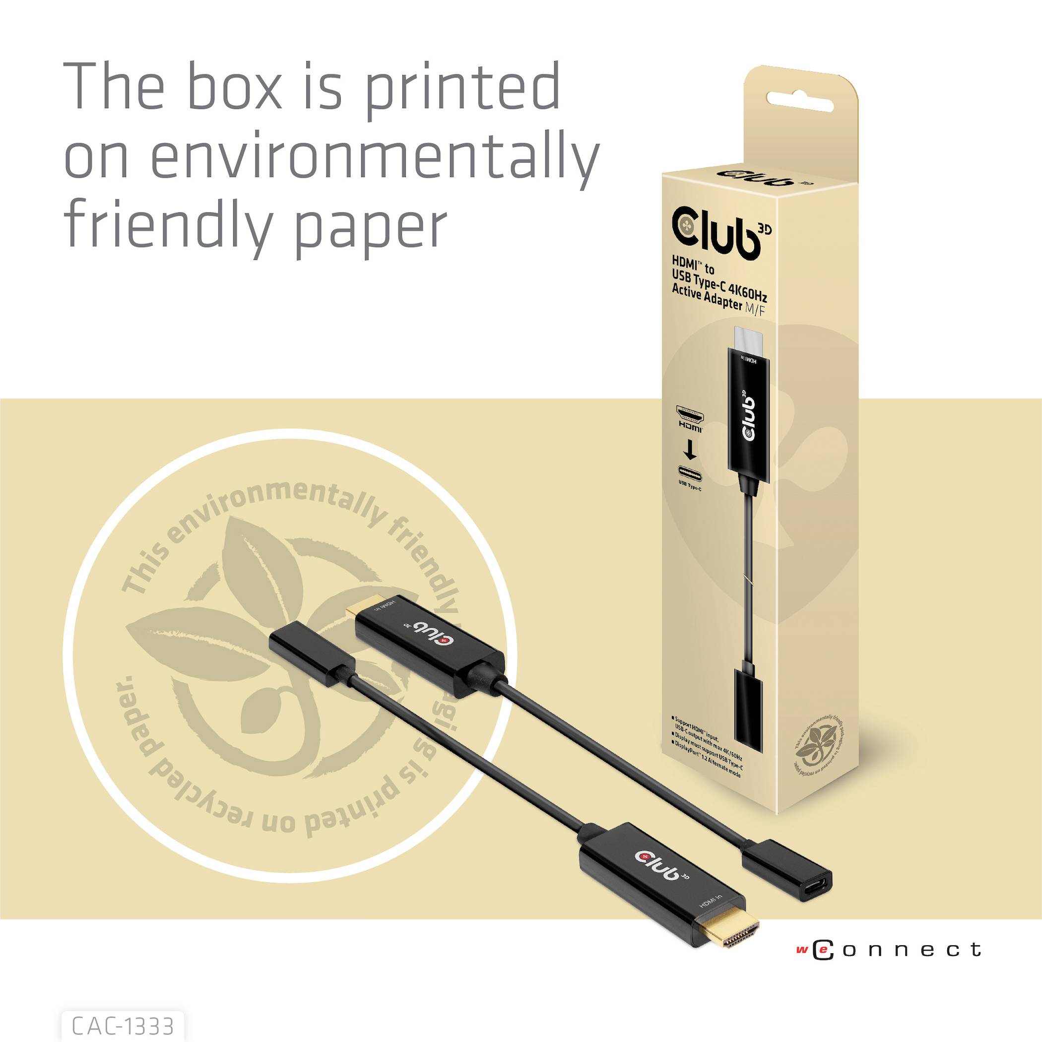 Rysunek przedstawia opakowanie adaptera HDMI wykonane z ekologicznego papieru. Adapter służy do podłączenia urządzeń z interfejsami HDMI i VGA.