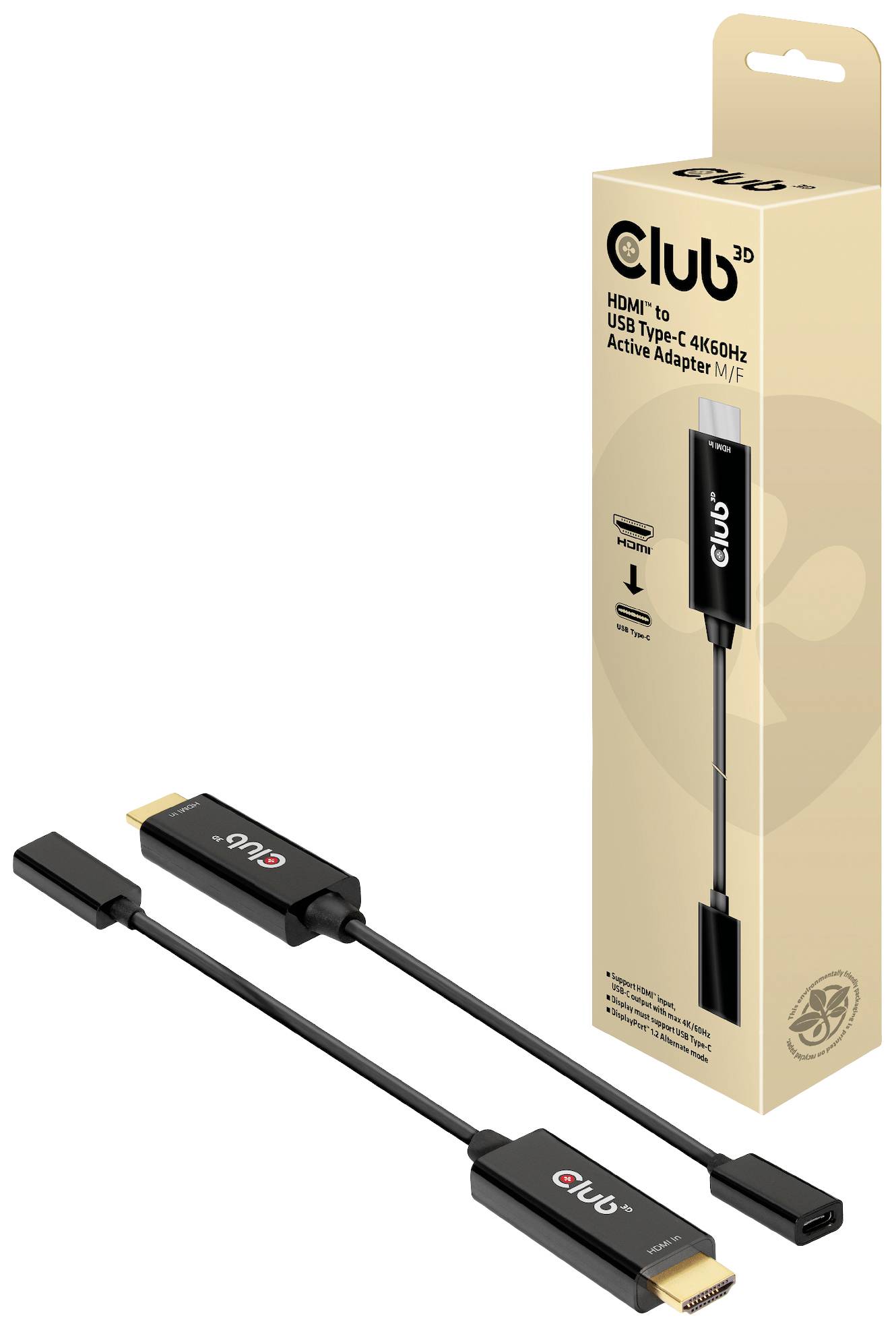 Adapter HDMI™ firmy Club 3D: USB-C do HDMI, obsługujący 4K 60Hz, w komplecie z opakowaniem i kablem, w kolorze czarnym z logo marki.
