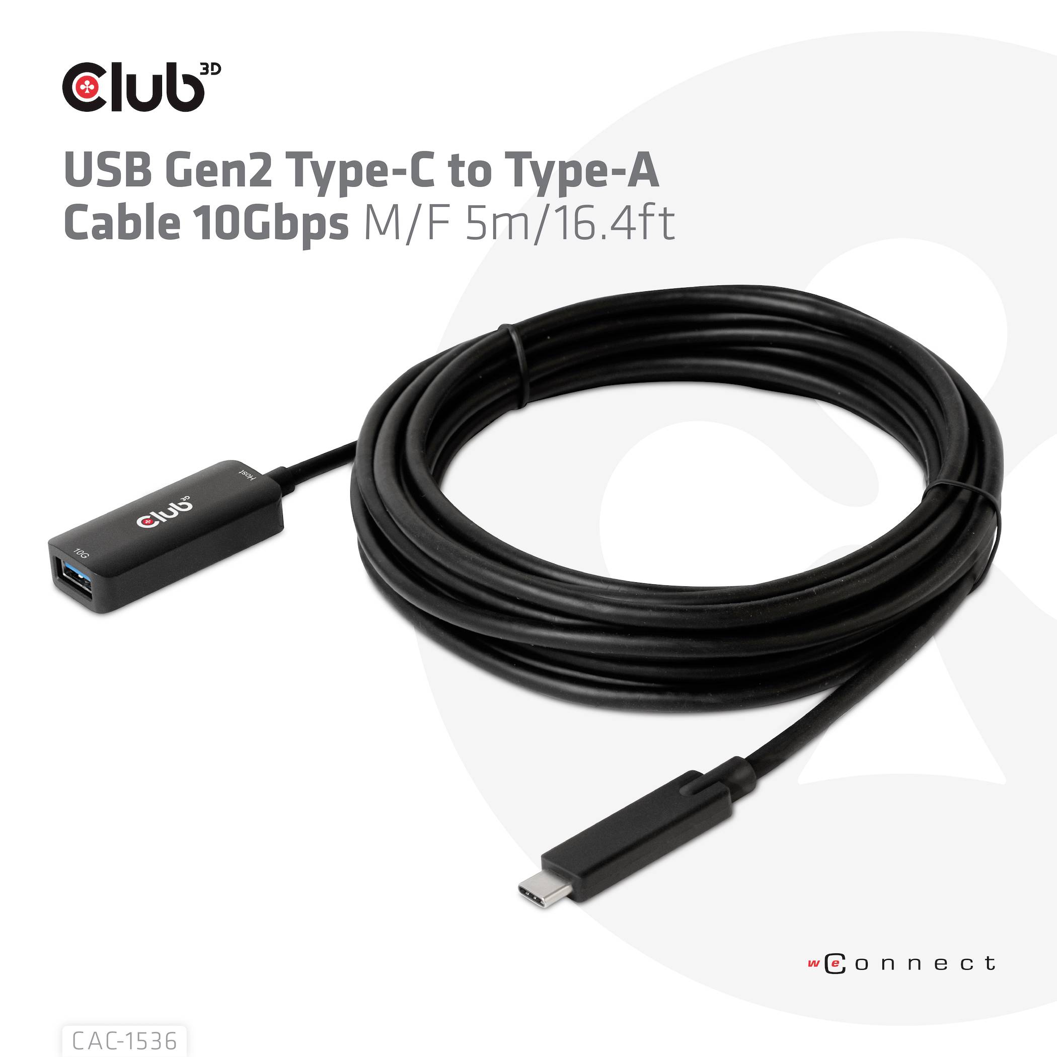 Kabel USB z wtyczką Typ C na Typ A, o długości 5 m, obsługujące USB Gen2 z prędkością transmisji danych 10 Gbps.