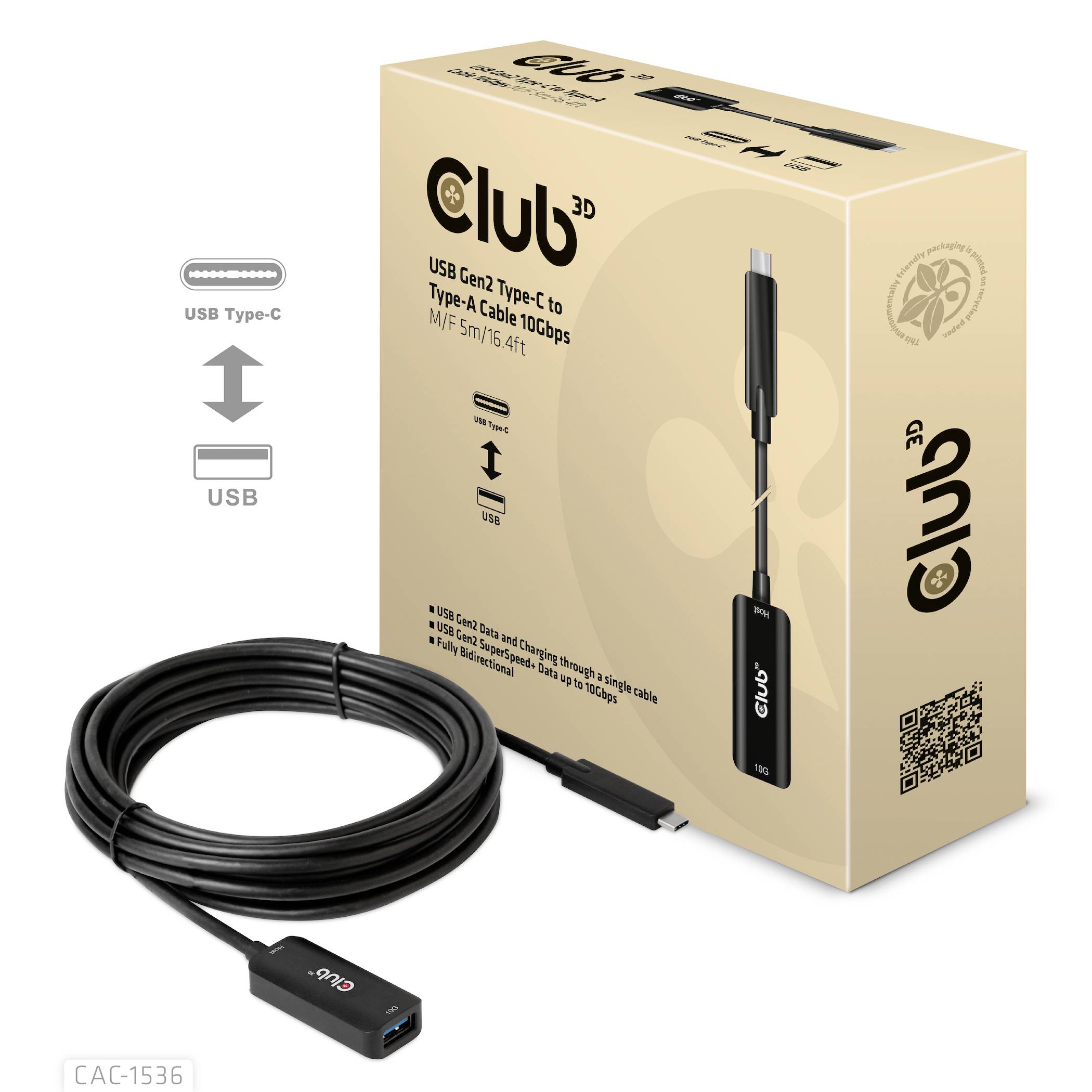 Kabel USB Club 3D USB Gen2, Typ-C do Typ-A, długość 1,5 m, obok opakowania. Opakowanie z logo marki i szczegółami kabla.