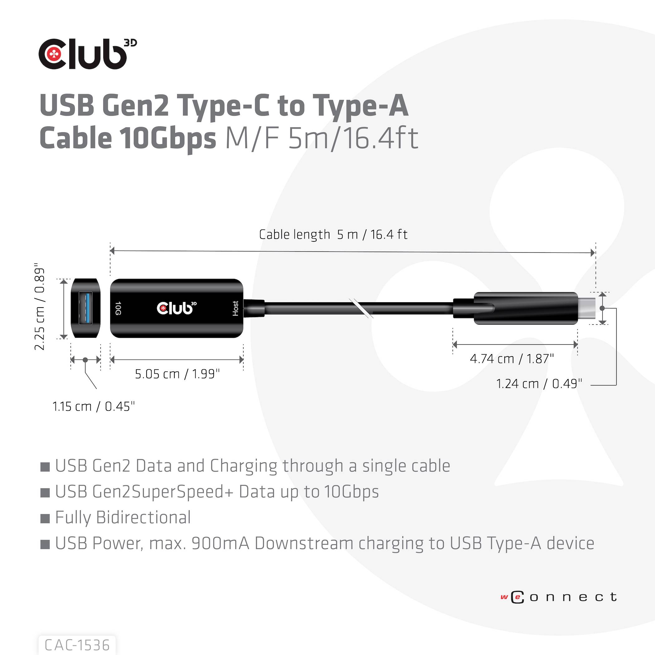 Kabel USB Gen2 Type-C na Typ-A 10Gbps, 5m/16,4 stóp, do przesyłu danych i ładowania, z zaokrąglonymi wtyczkami. W pełni dwukierunkowe, obsługuje do 900 mA.
