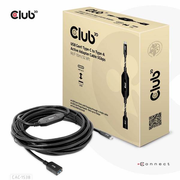 club3D Przejściówka USB USB 3.2 Gen1 Złącze męskie USB-C®, Złącze żeńskie USB-A 10.00 m czarny CAC-1538