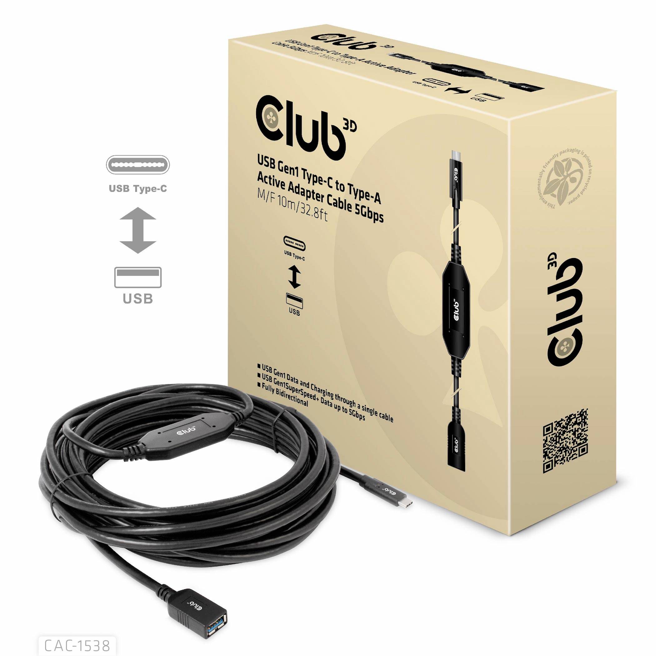Kabel Club 3D USB Gen1 Type-C na Type-A, 10 m, 5 Gbps, CAC-1538. Opakowanie z kablem, symbolami USB-C i USB; Produkt do przesyłania danych.