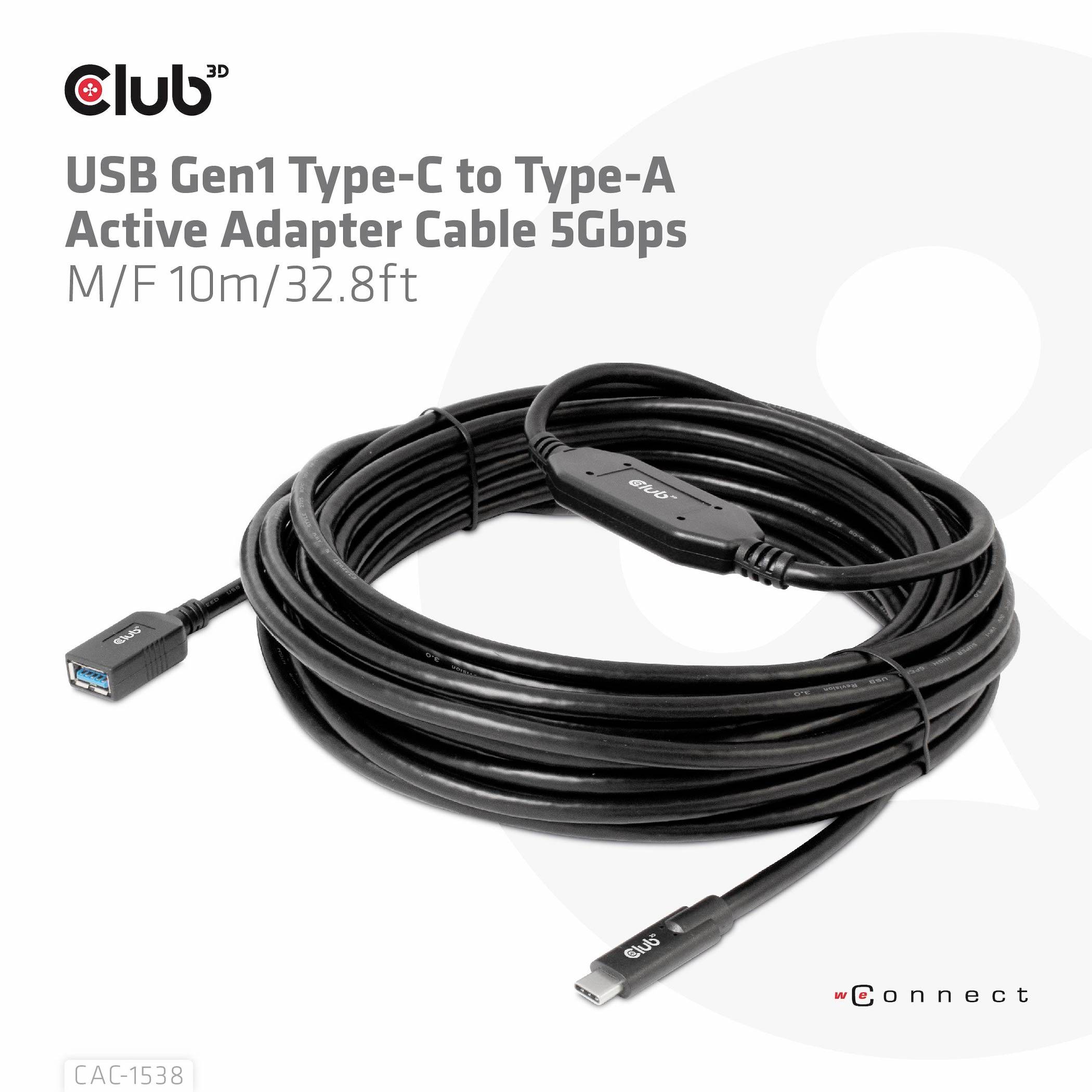 Aktywny kabel adaptacyjny USB Gen1 Typ-C na Typ-A. 10 metrów, 5 Gbps. Czarny kabel z wtykiem. Specyfikacja marki i modelu widoczna.