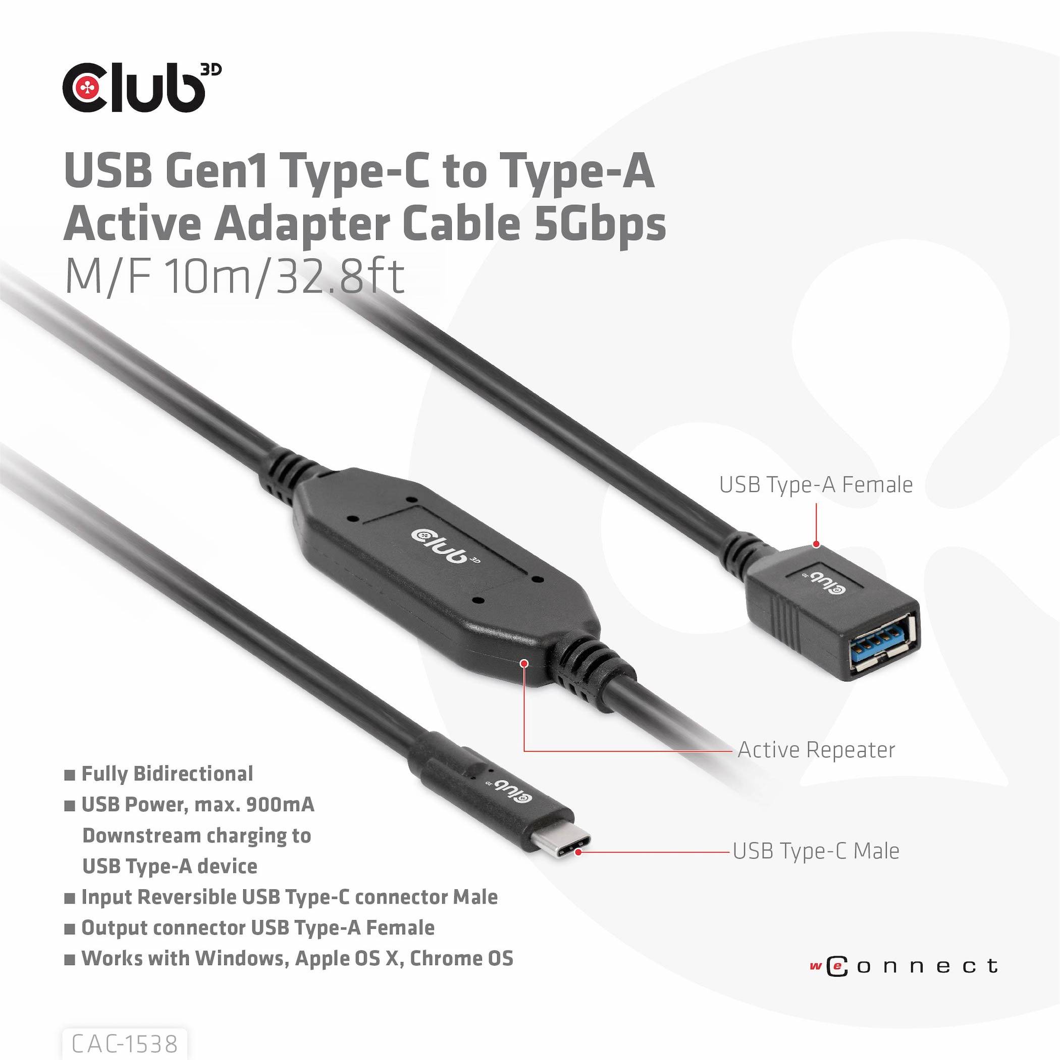 Przewód adapter aktywny USB Gen1 Type-C do Type-A 5Gbps, M/F 10m/32,8 stóp z wtykiem USB Typ-C do gniazda Typ-A, obsługujący transmisję danych 5Gbps.