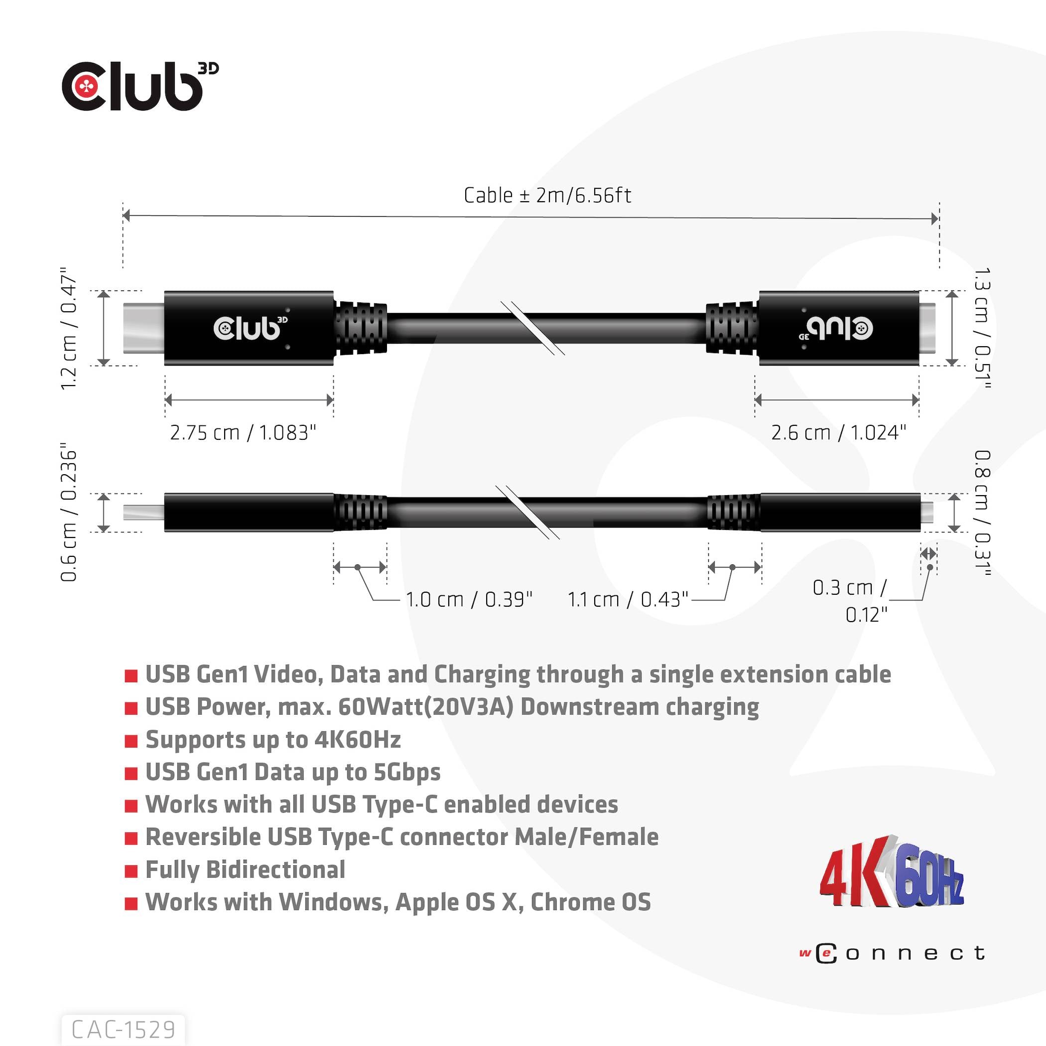 Kabel Club 3D USB: długość 2 m. Obsługuje wideo USB Gen1, audio, moc ładowania 60W. Kompatybilny ze wszystkimi urządzeniami z USB Type-C.
