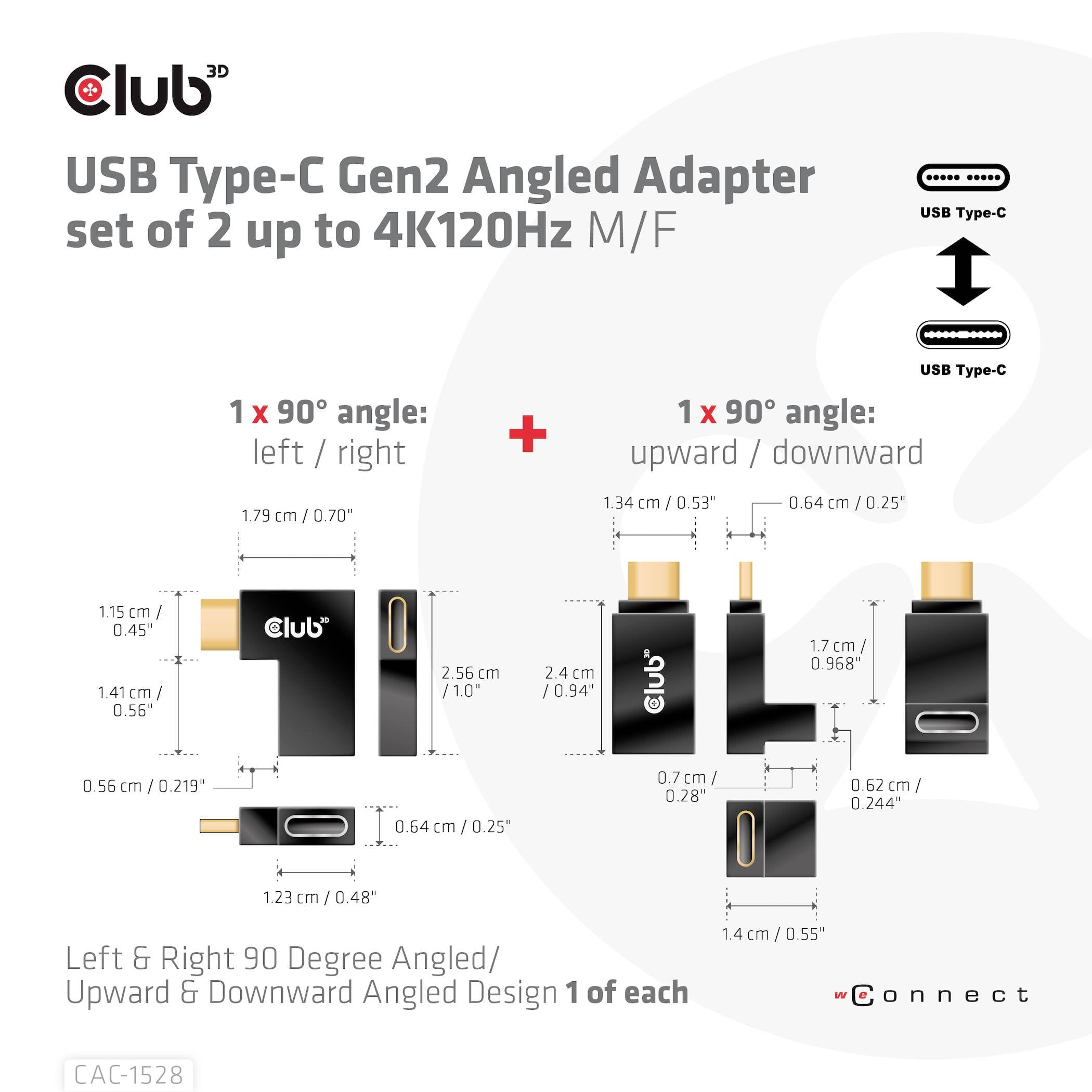 Zestaw adaptera USB Type-C Gen2 z 2 kątami: 1x 90° w lewo/w prawo, 1x 90° w górę/w dół. Obsługuje rozdzielczość do 4K 120Hz M/F.