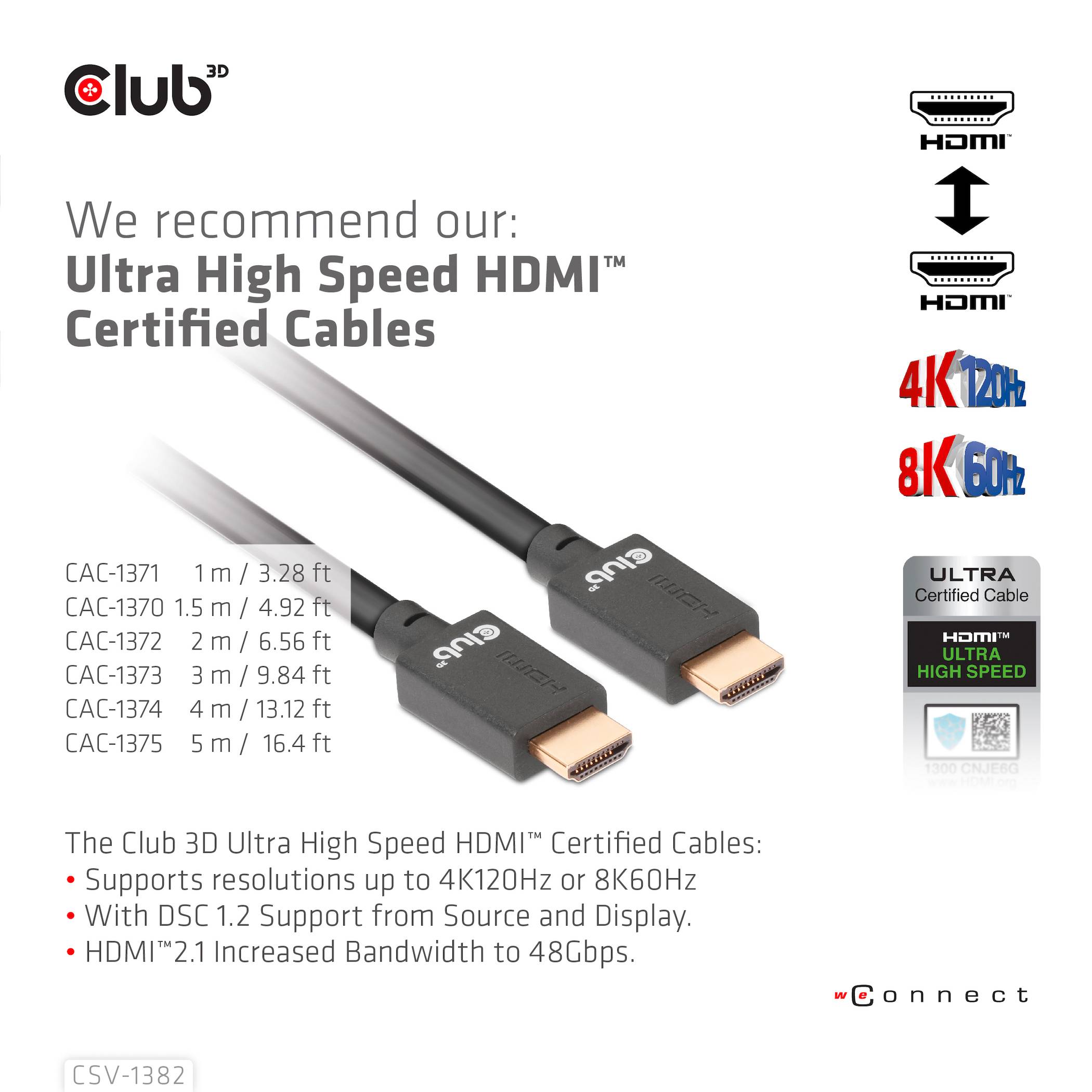 Obraz opakowania dla przewodów HDMI Club3D Ultra High Speed certyfikowanych, długość i przepustowość w GB. Logo marki w lewym górnym rogu.