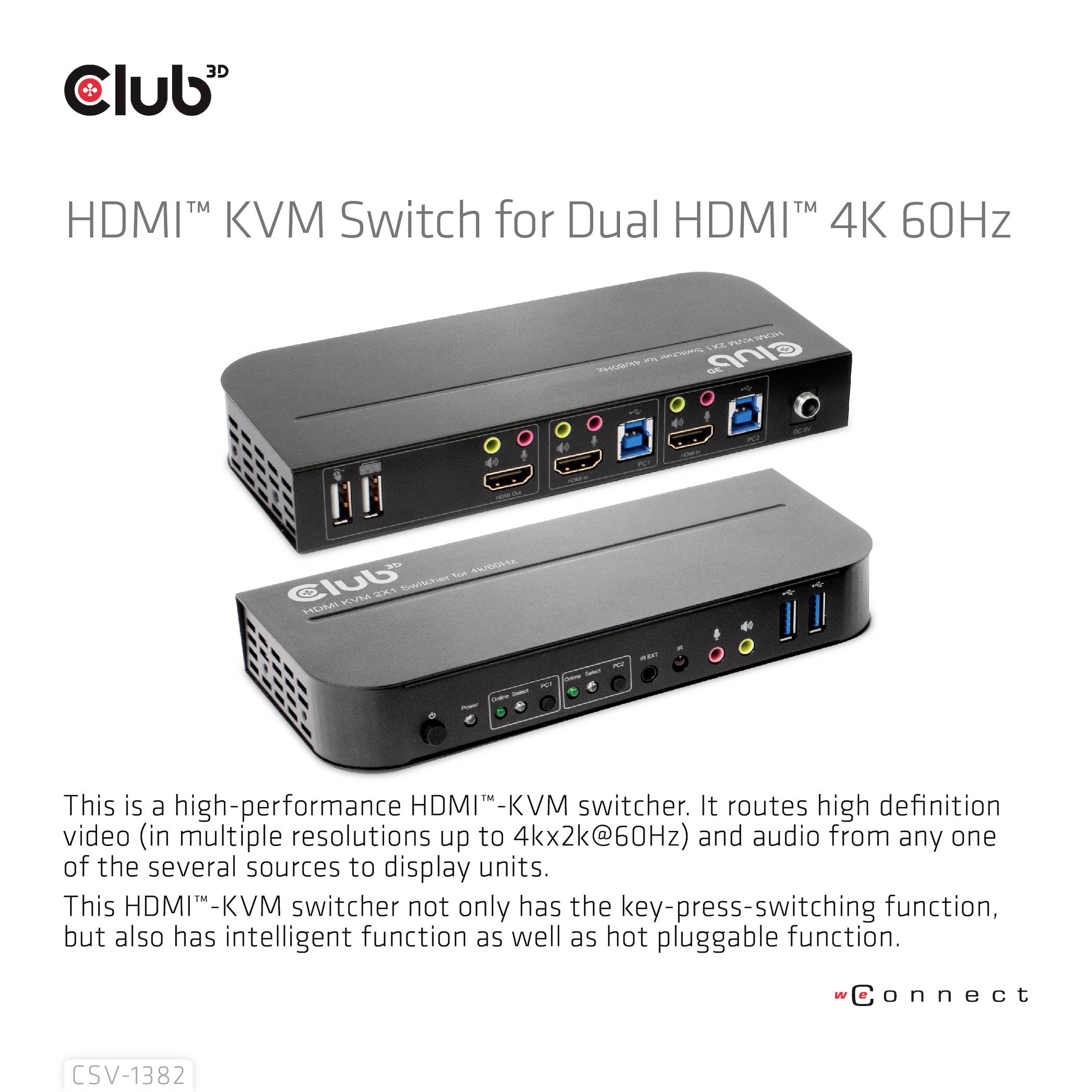 Przełącznik KVM HDMI High Performance dla podwójnego HDMI w rozdzielczości 4K 60Hz. Oferuje przełączanie za pomocą naciśnięcia przycisku oraz funkcję hot-plug dla wielu urządzeń.