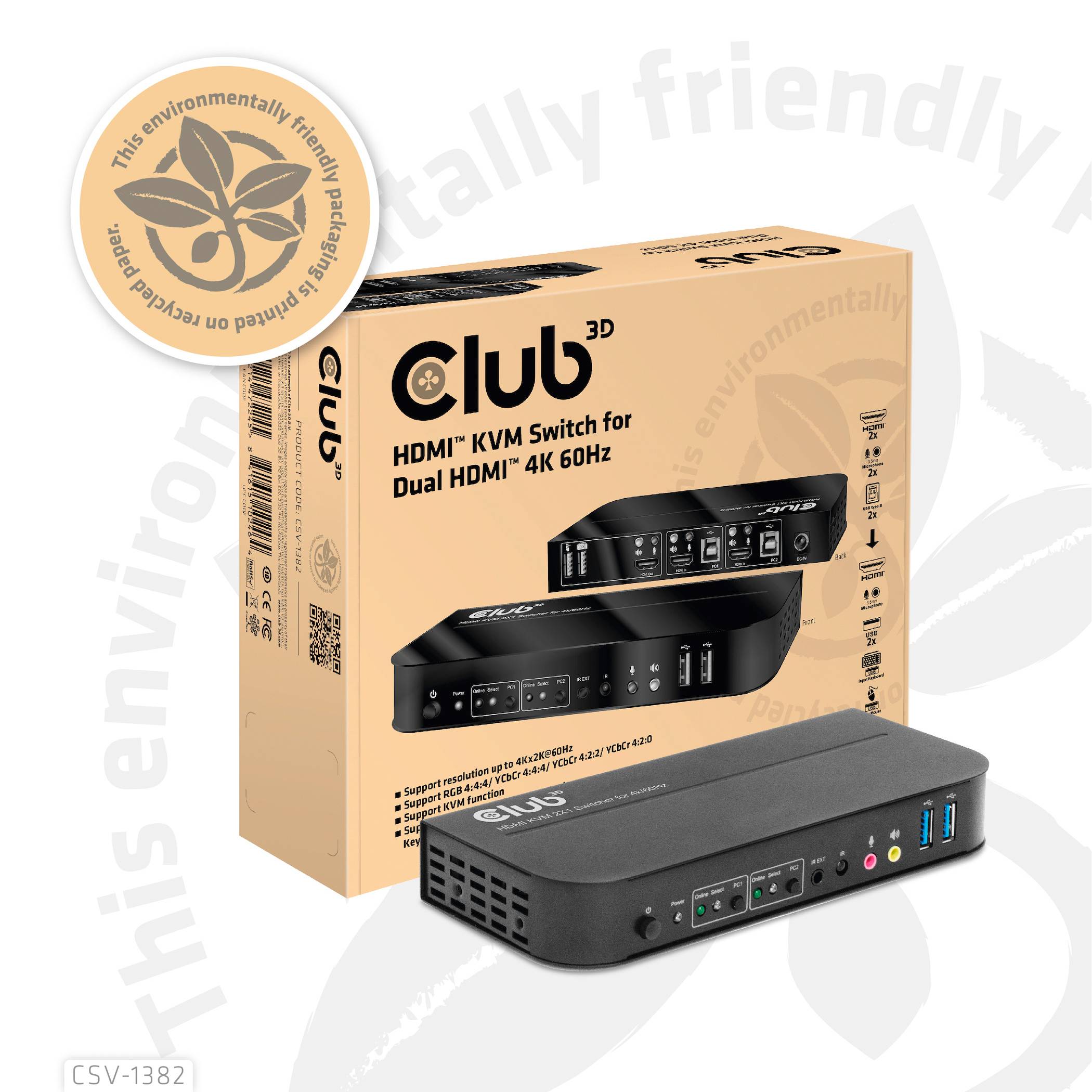Przełącznik KVM Club 3D HDMI dla podwójnego HDMI 4K 60Hz z opakowaniem i produktem na zdjęciu. Podkreślono przyjazność środowisku.