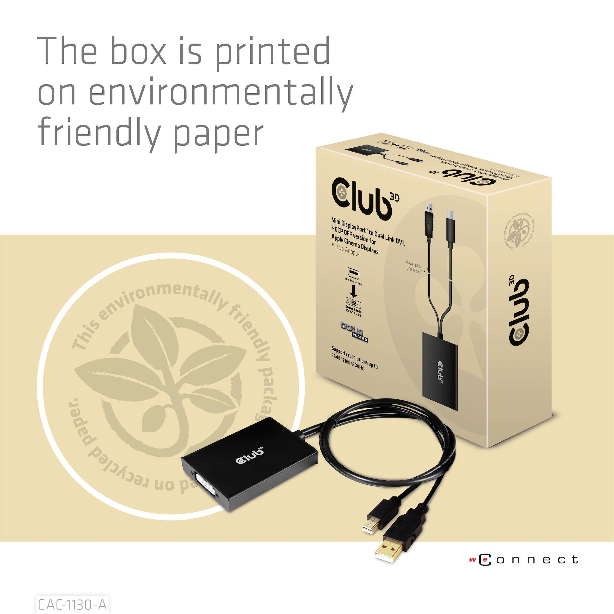 Opakowanie konwertera USB firmy Club3D, wydrukowane na przyjaznym środowisku papierze, obok niego konwerter z przewodami.