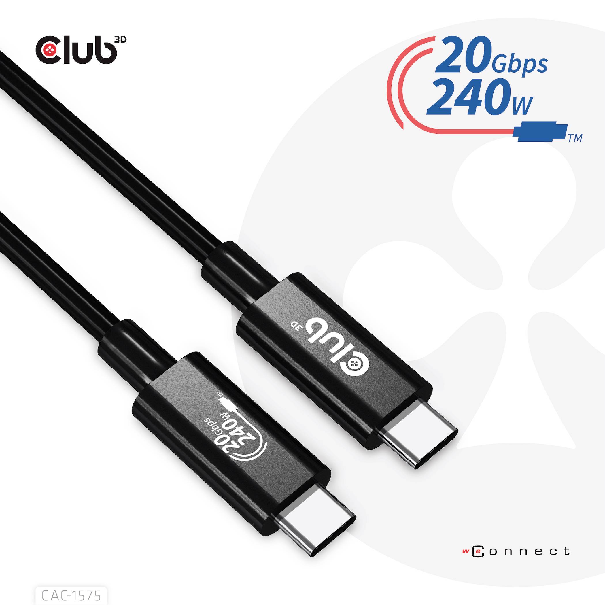 Dwa czarne kable USB-C z oznaczeniem '240W 20Gbps'. Logo marki 'Club 3D' w rogu, widok z przodu na wtyczki.