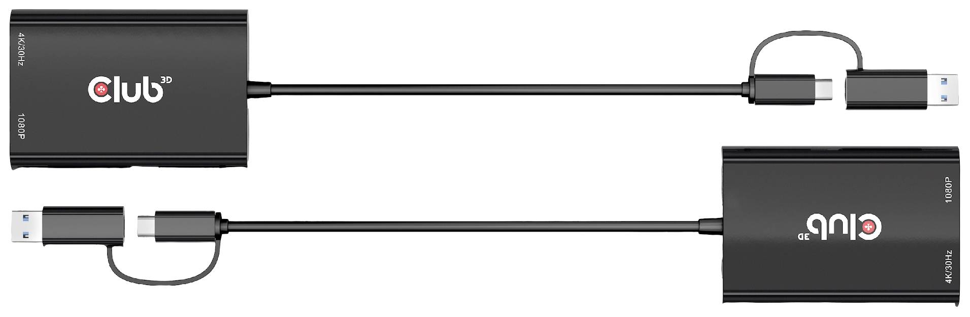 Dwa czarne adaptery USB marki Club 3D, łączące USB 3.0 z HDMI oraz USB-C z HDMI. Adaptery mają identyczny design.