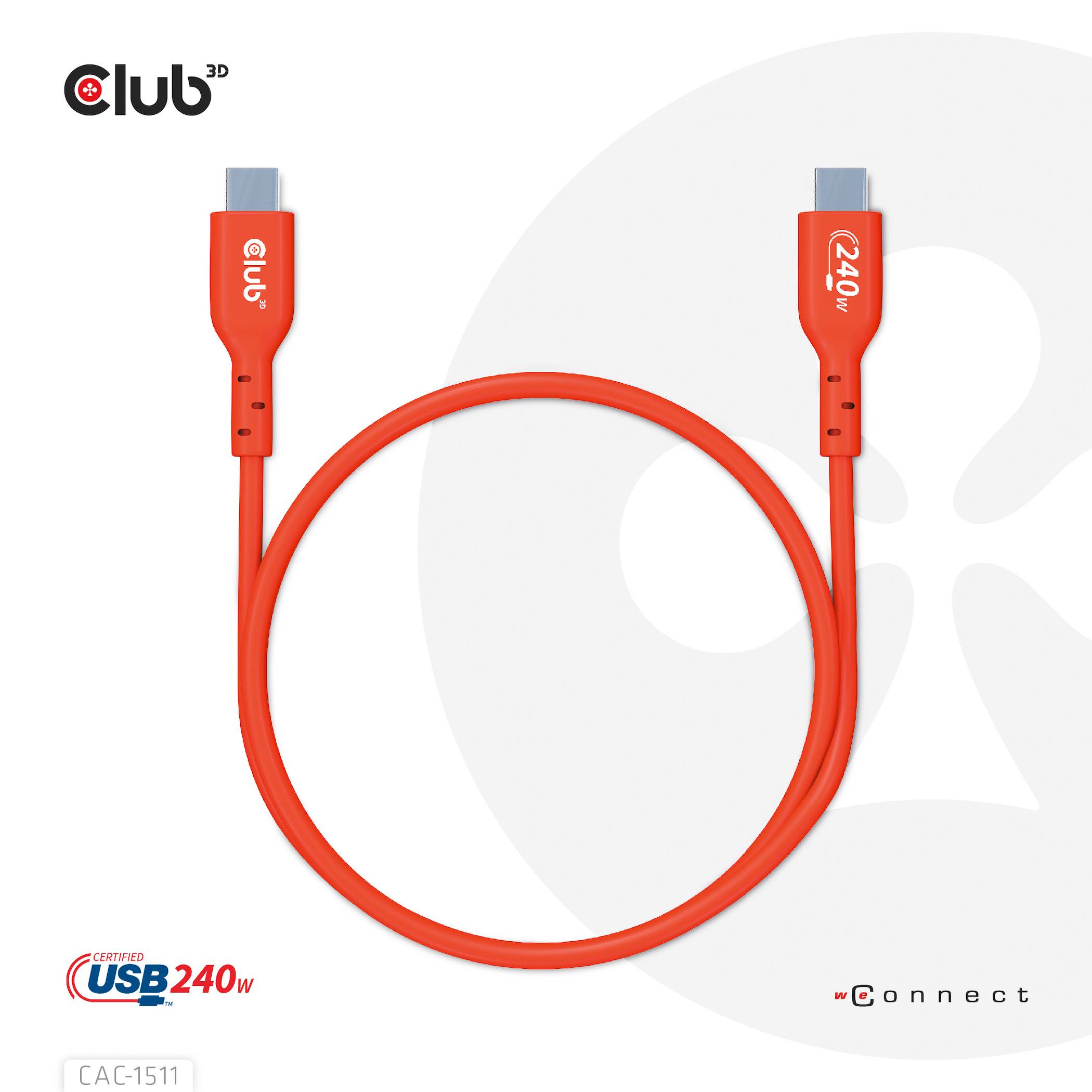 Czerwony kabel USB z napisem '240W' na obu końcach, prezentowany jako produkt 3D marki 'Club', promowany jako kabel o wysokiej wydajności.