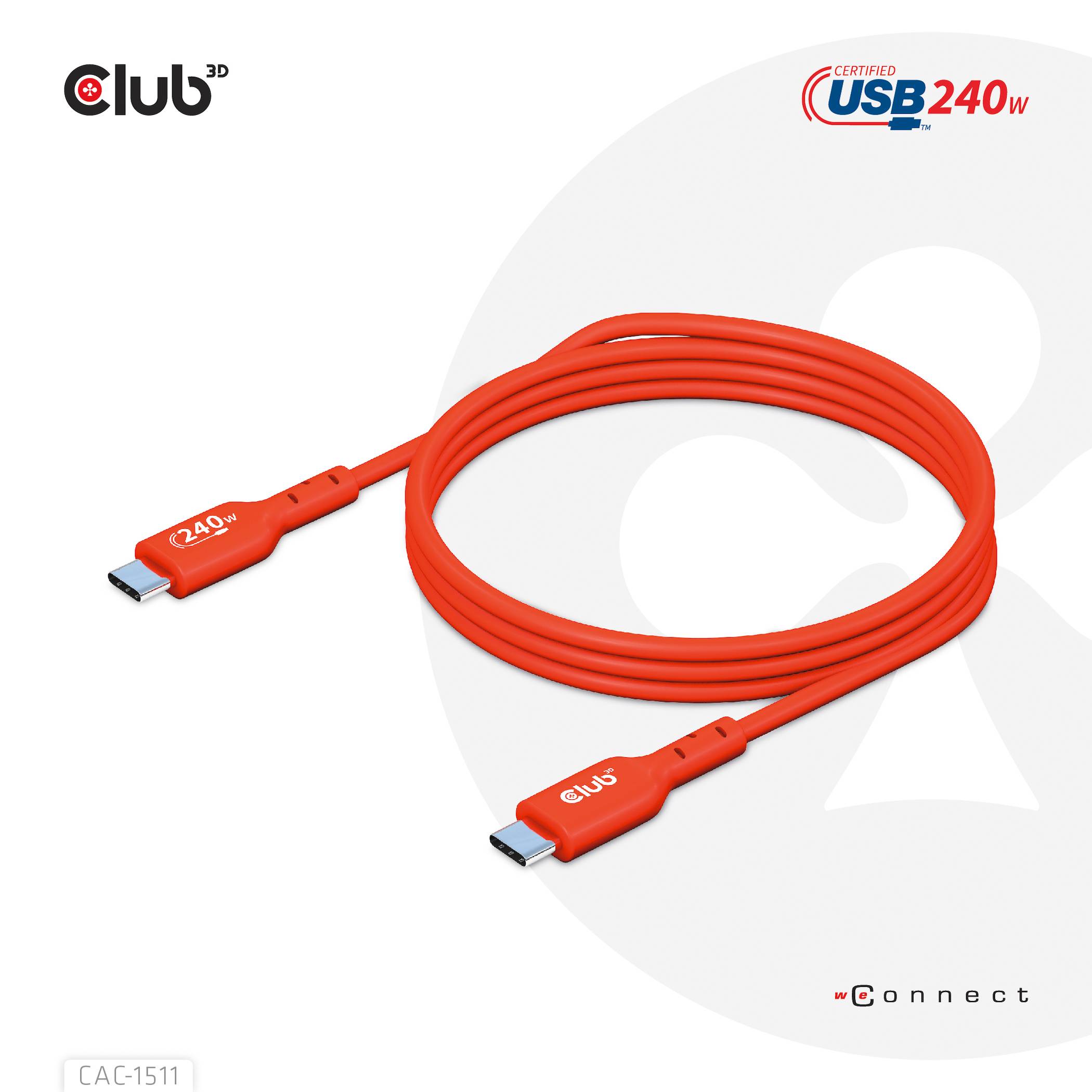 Czerwony kabel USB-C o mocy 240W firmy Club3D. Tekst na kablu wskazuje 'Certified USB 240W' oraz 'Connect'.