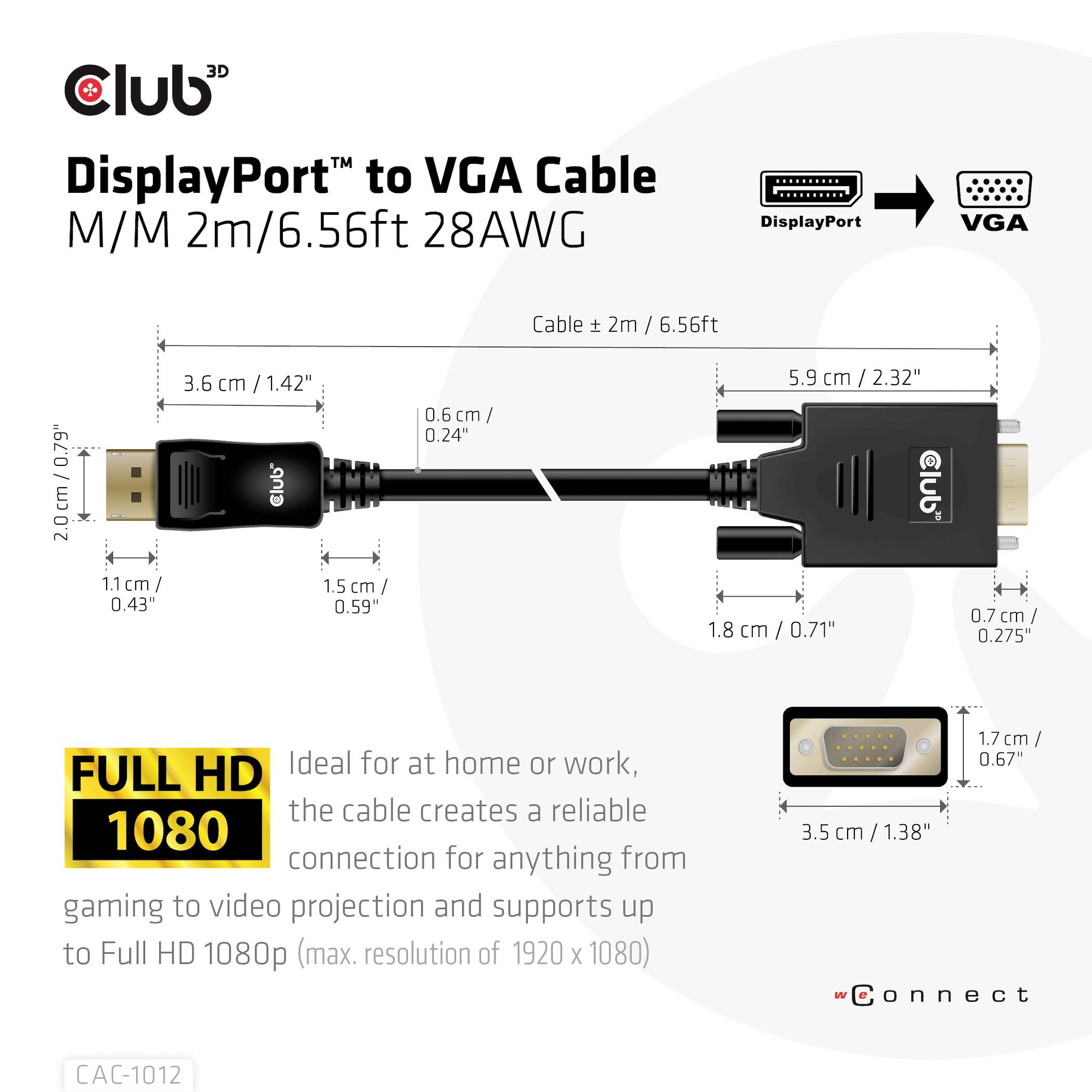 Kabel Club 3D DisplayPort na VGA. Czarny, z wymiarami i specyfikacją techniczną. Przeznaczony do użytku domowego lub biurowego, obsługuje Full HD 1080p.