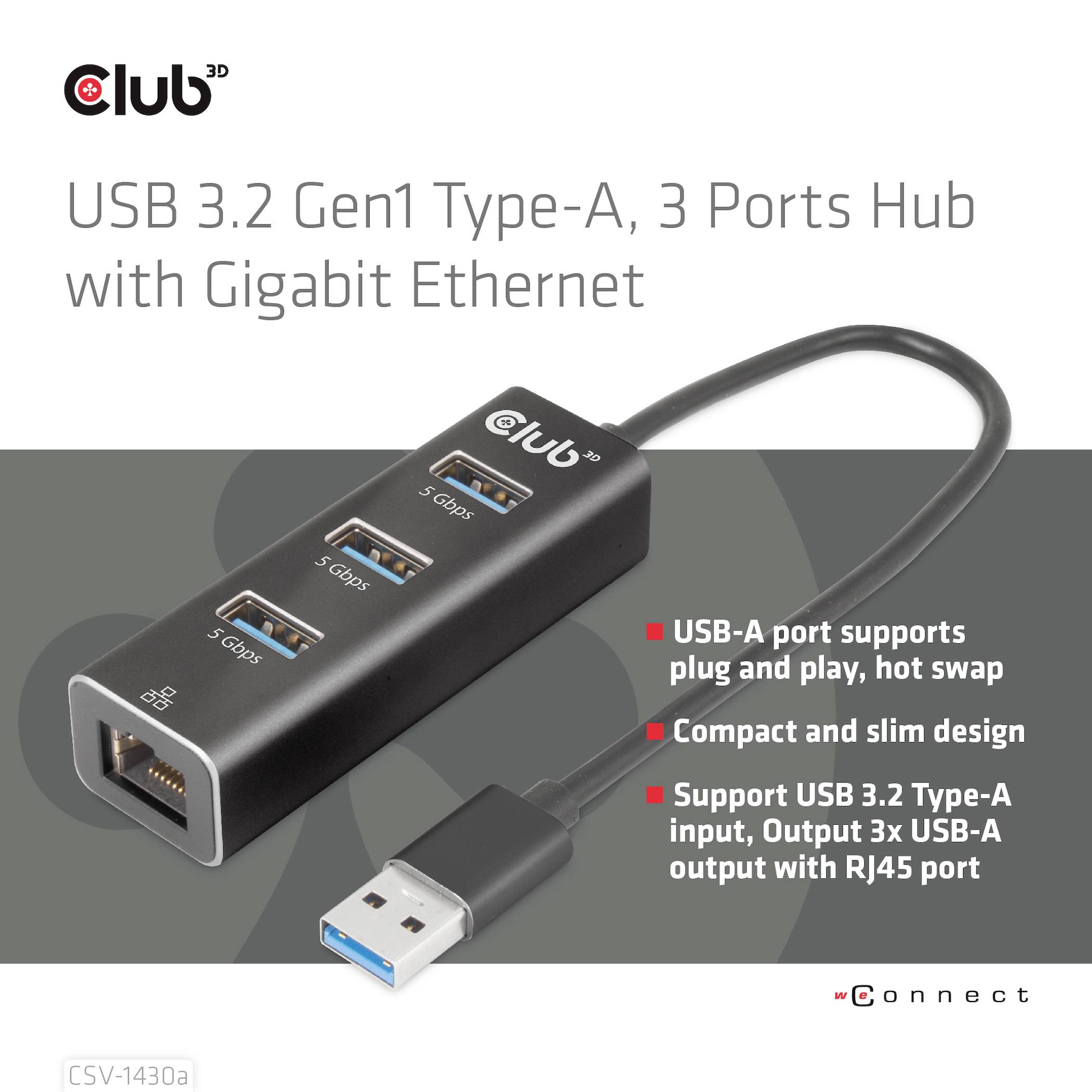 Czarny hub USB 3.2 Gen1 Type-A z 3 portami i Gigabit Ethernet. Obsługuje urządzenia USB-A, funkcję hot-swap, kompaktowy i smukły.