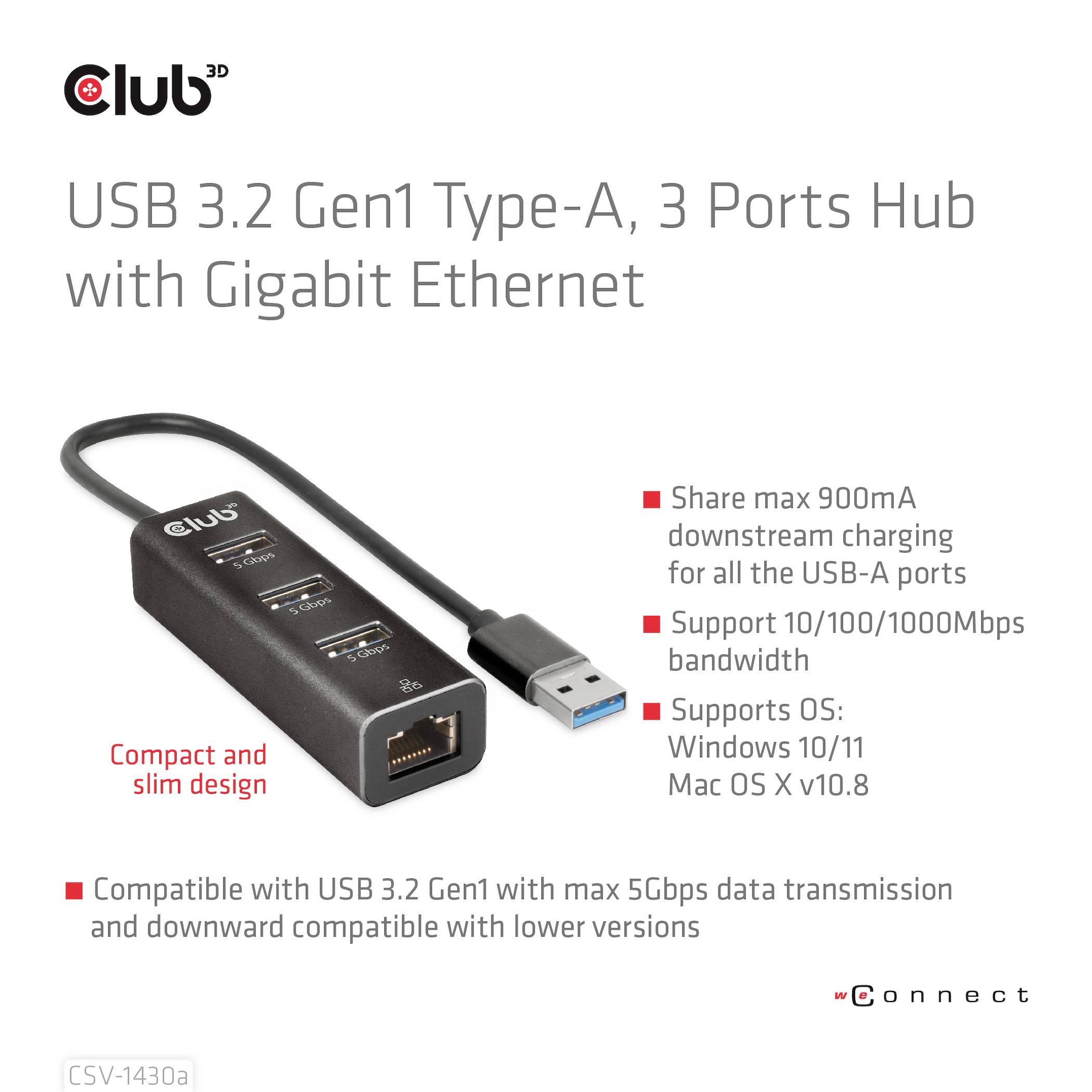 Hub USB 3.2 Gen1 z 3 portami i Gigabit Ethernet. Obsługuje ładowanie 900mA, 10/100/1000Mbps. Systemy operacyjne: Windows 10/11, Mac OS X v10.8.