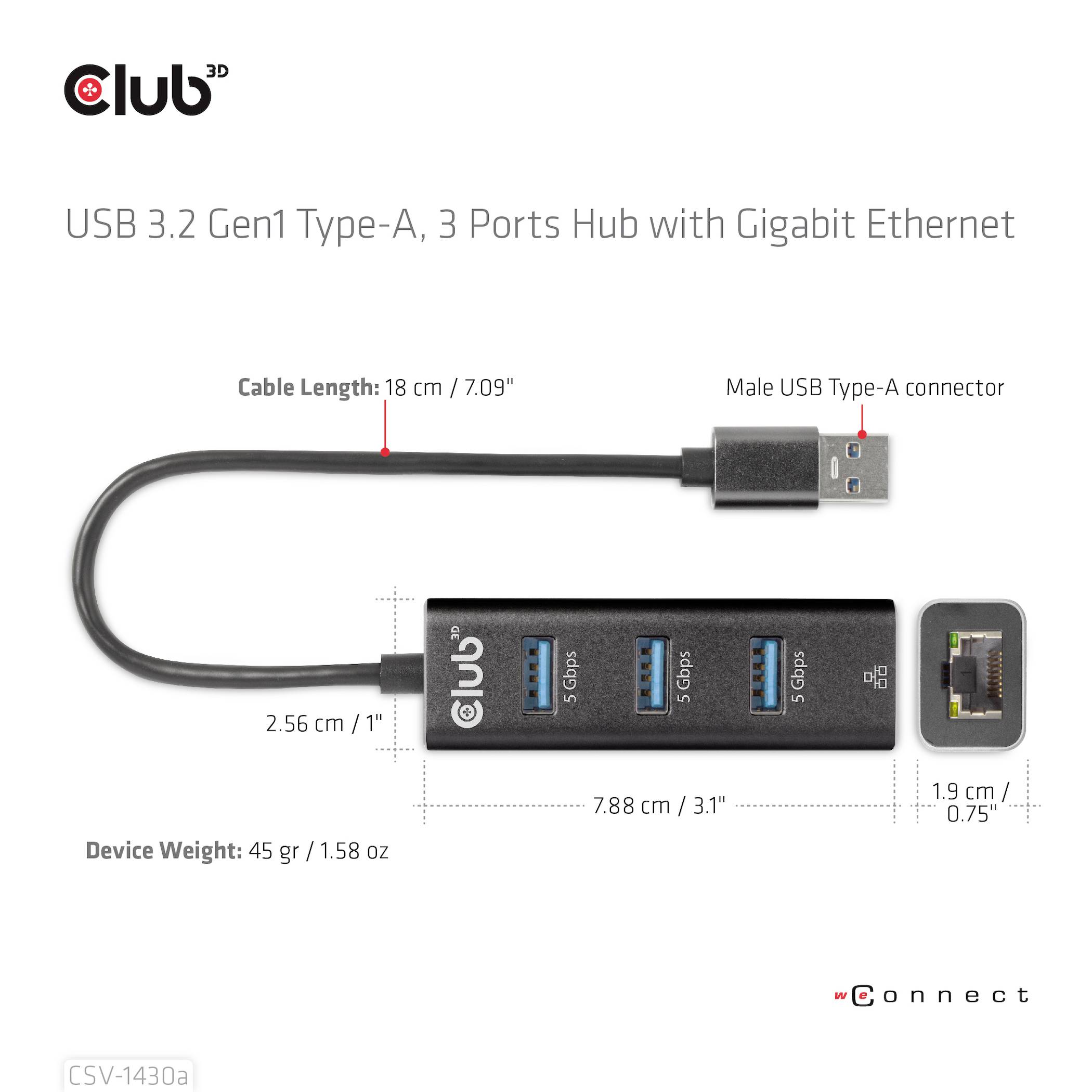 Koncentrator USB 3.2 Gen1 Type-A z 3 portami i Gigabit Ethernet firmy Club 3D. Prezentuje długość przewodu, wymiary urządzenia i dostępne złącza.